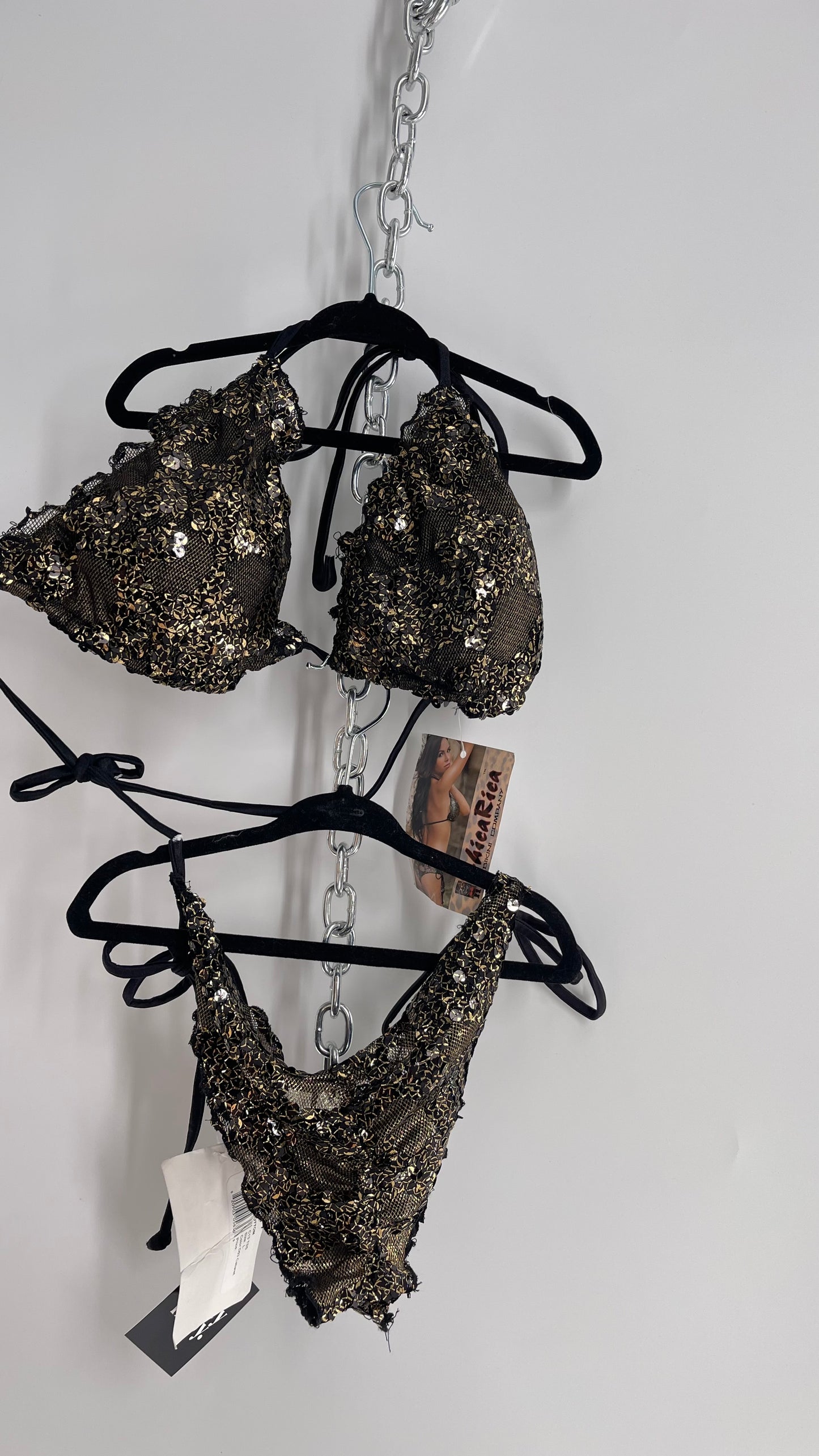 Deadstock Vintage Chica Rica Sequin Lace Black Gold Swimsuit with Ruched Sheer Bum (Large)
