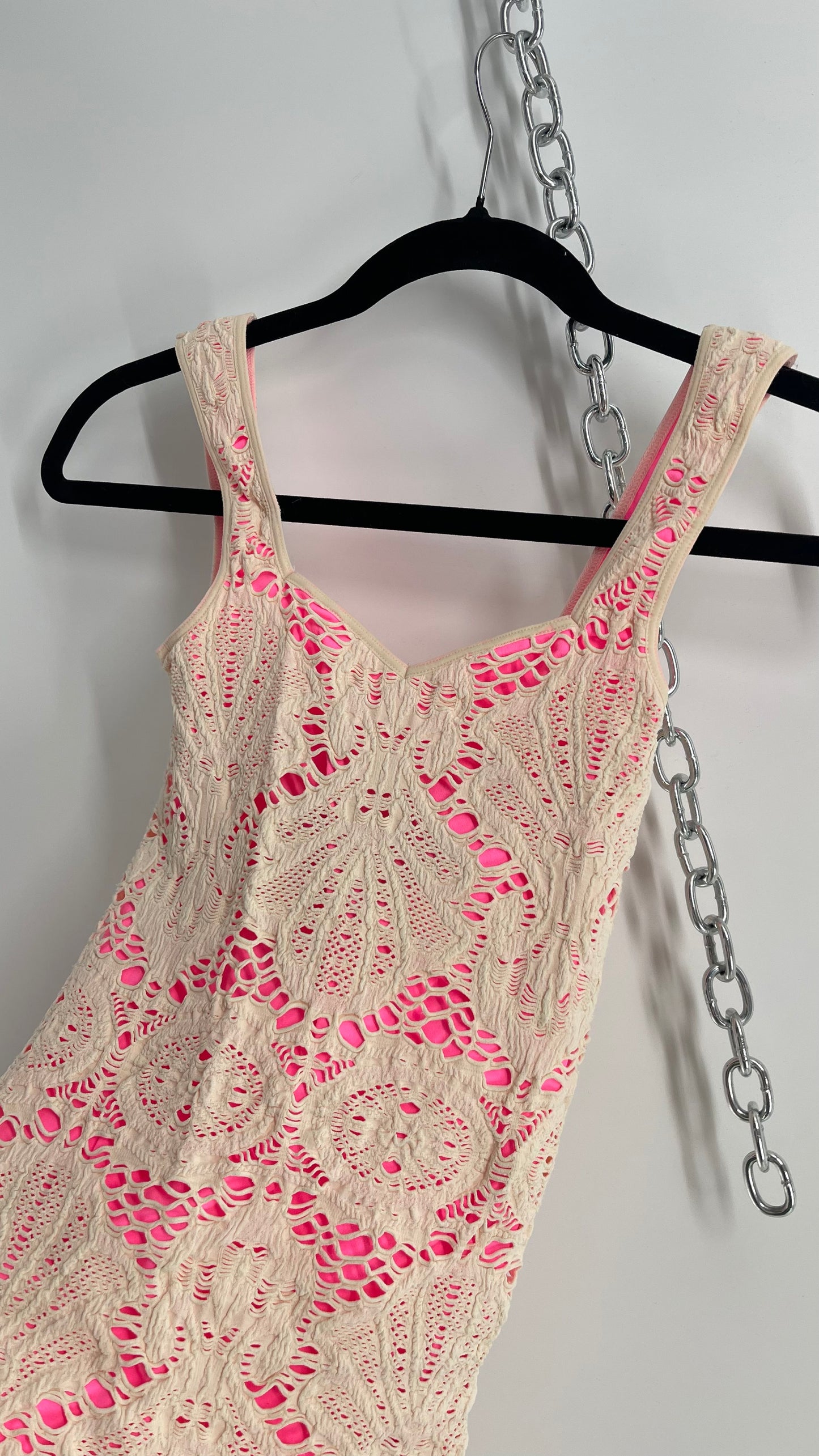 Free People Pink Stretchy Dress with Off White Lace Overlay (XS/S)