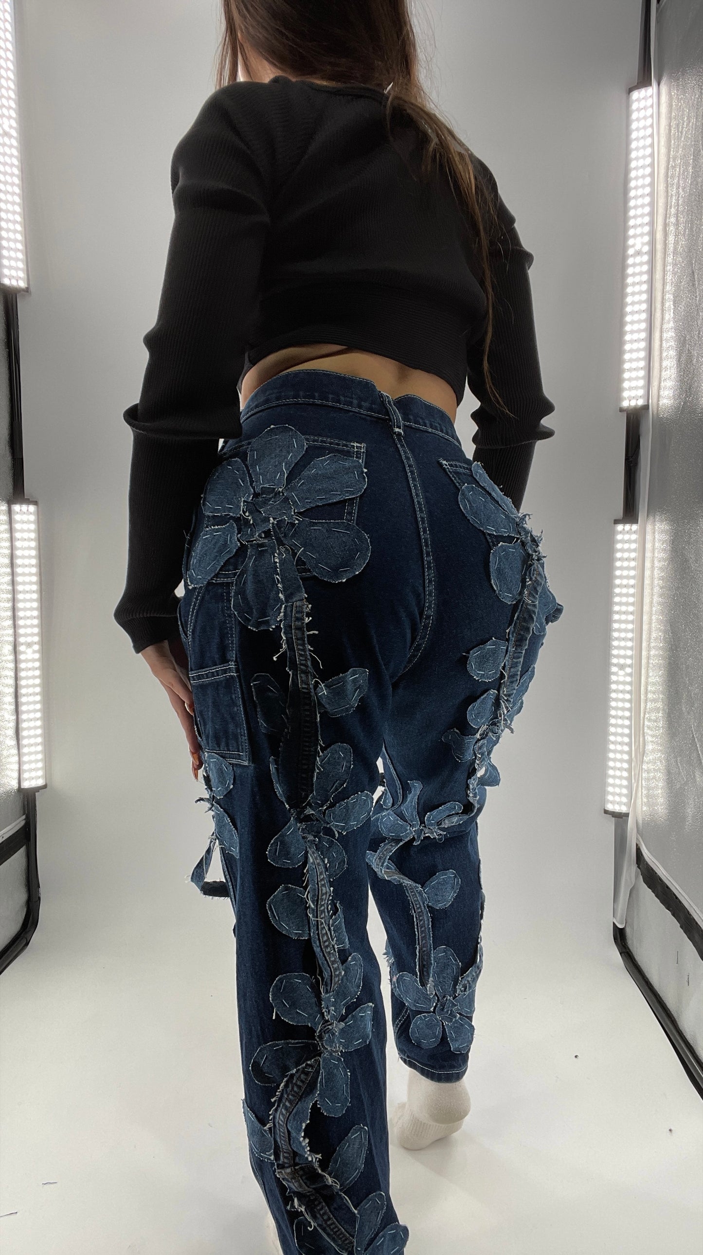 Handmade CUSTOM Dual Denim Tone Floral Vine Cargo Denims (S)