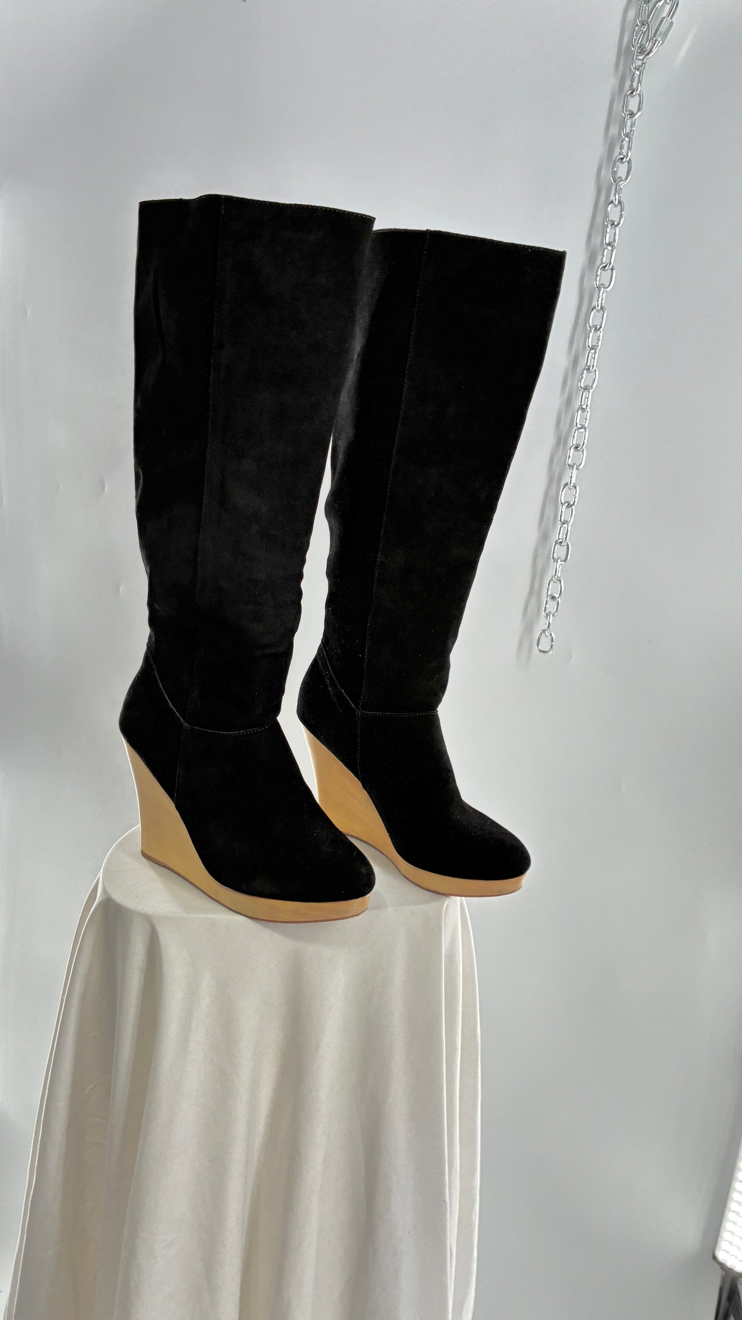 Vintage Black Genuine Suede Leather Knee High Boots with Skinny Wooden Wedge Heel (9)