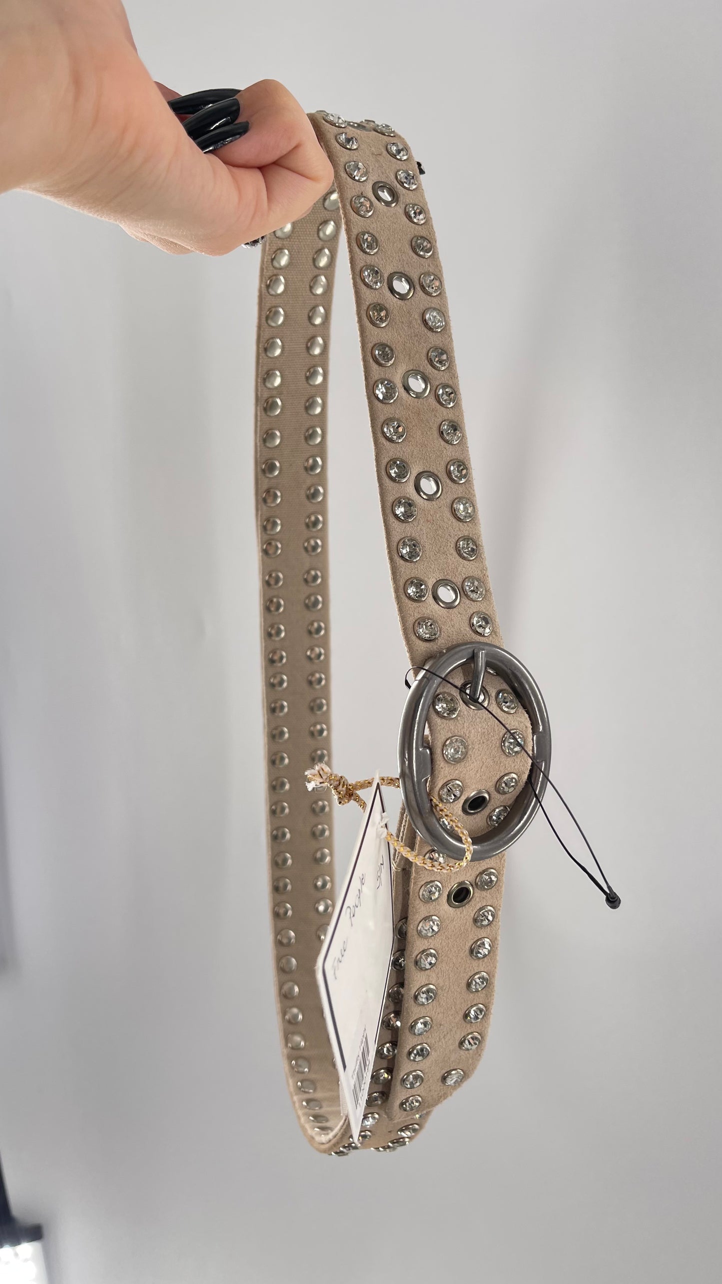 Free People Beige Leather Canvas Studded Rhinestone Crystal Studded Belt with Heavy Metal Buckle (S/M)
