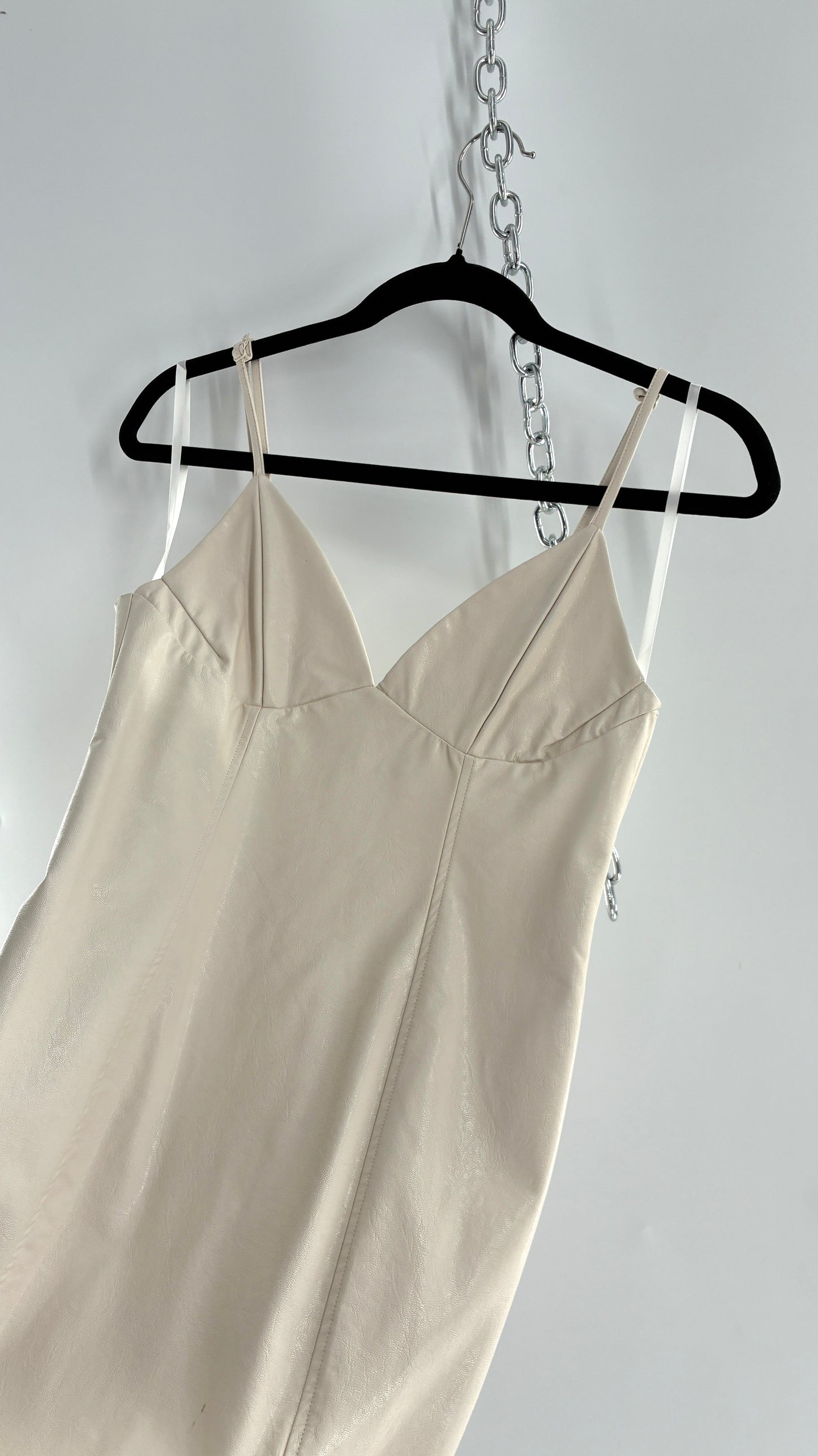 Super Down Vegan White Leather Camisole Mini Dress with Triangle Cups (XS)