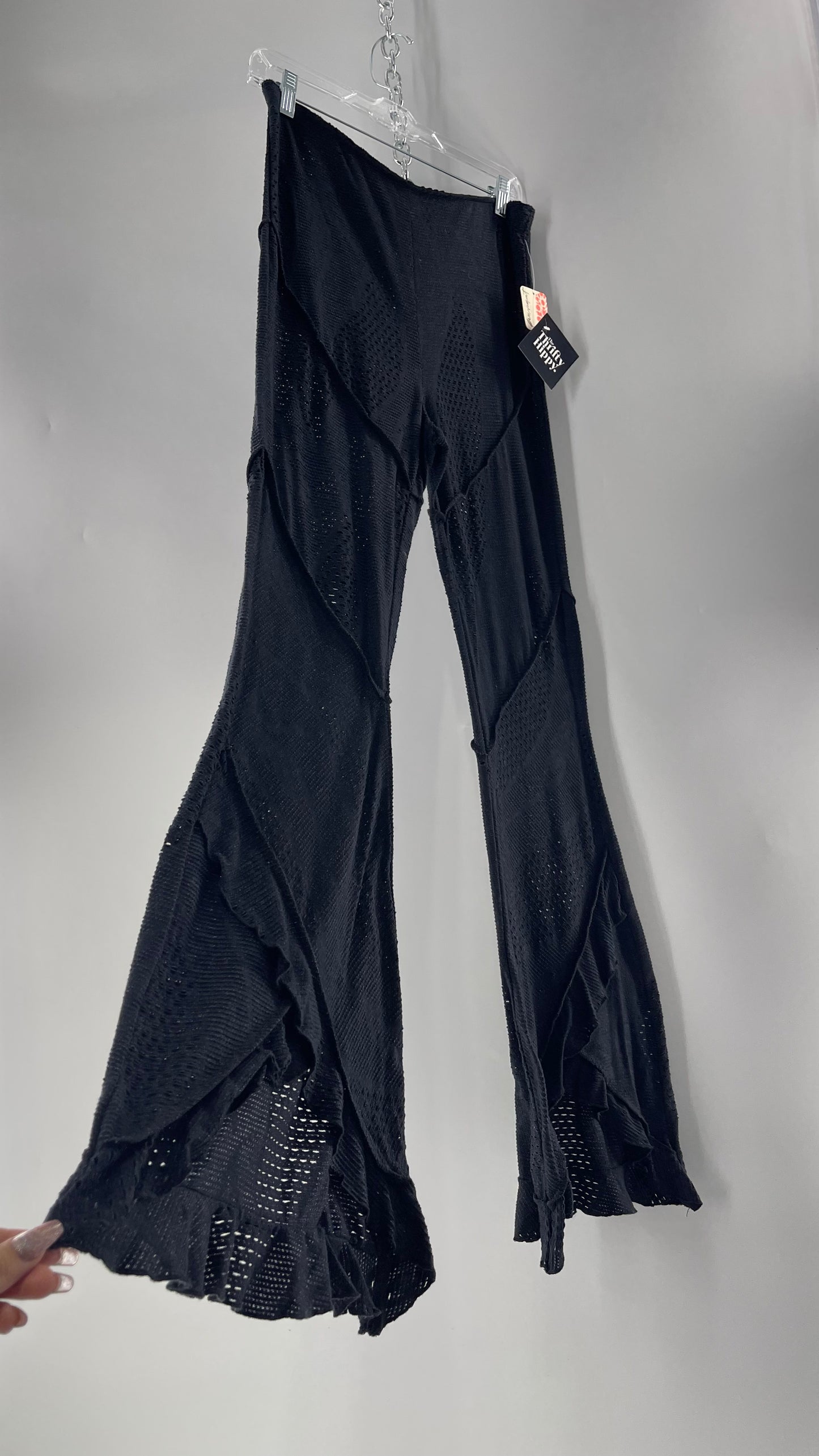 Free People Black Midnight Grey Mixed Pattern Kickflares with High Low Hem, Exposed Seams and Distressing Tags Attached (Medium)