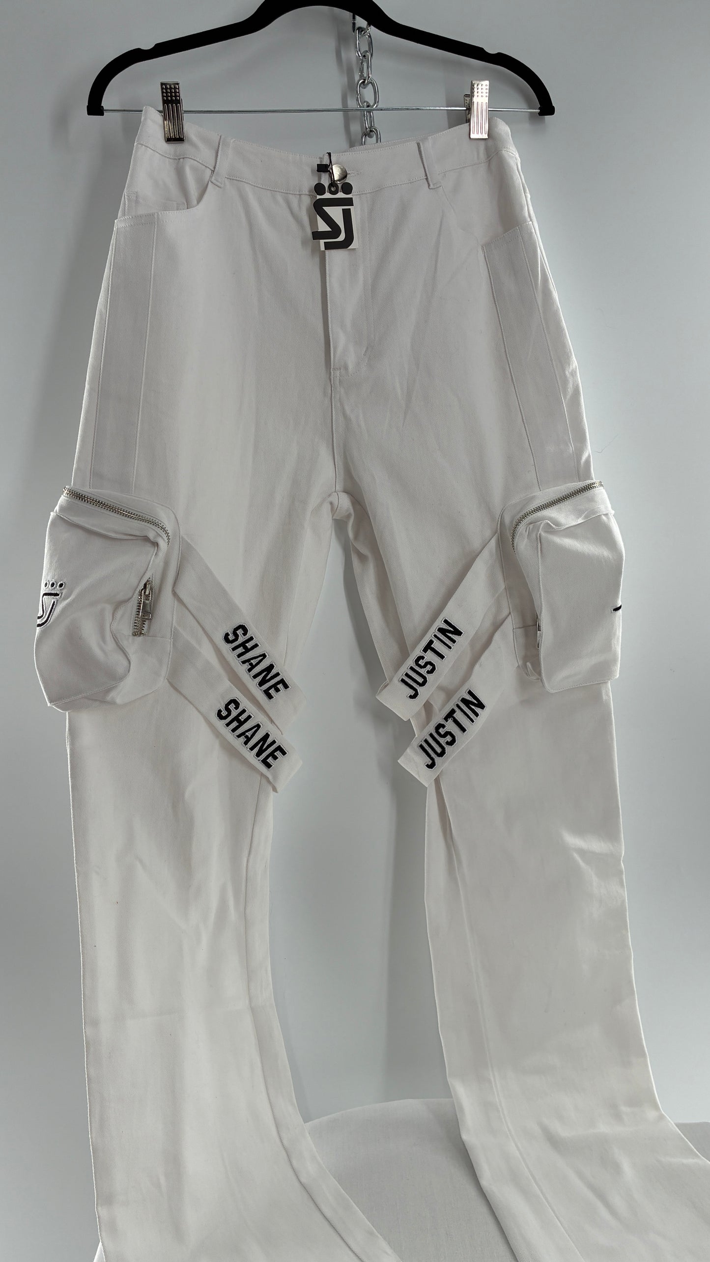 Designer SHANE JUSTIN White Stacked Extendo Cargo Pants with Embroidered Logo Pants and Tags Attached (Small)
