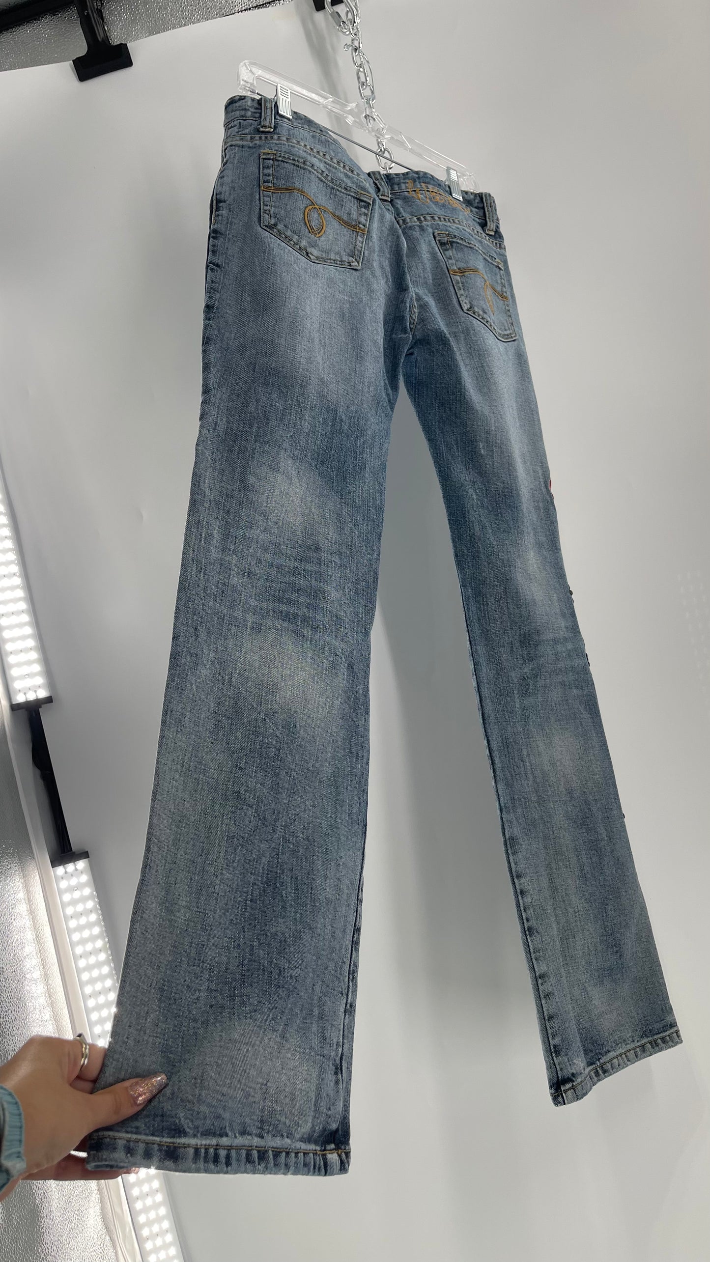 Western Denim Bank Light Wash Straight Legs with Gold/Bronze Metal Studs and Jewels (29)