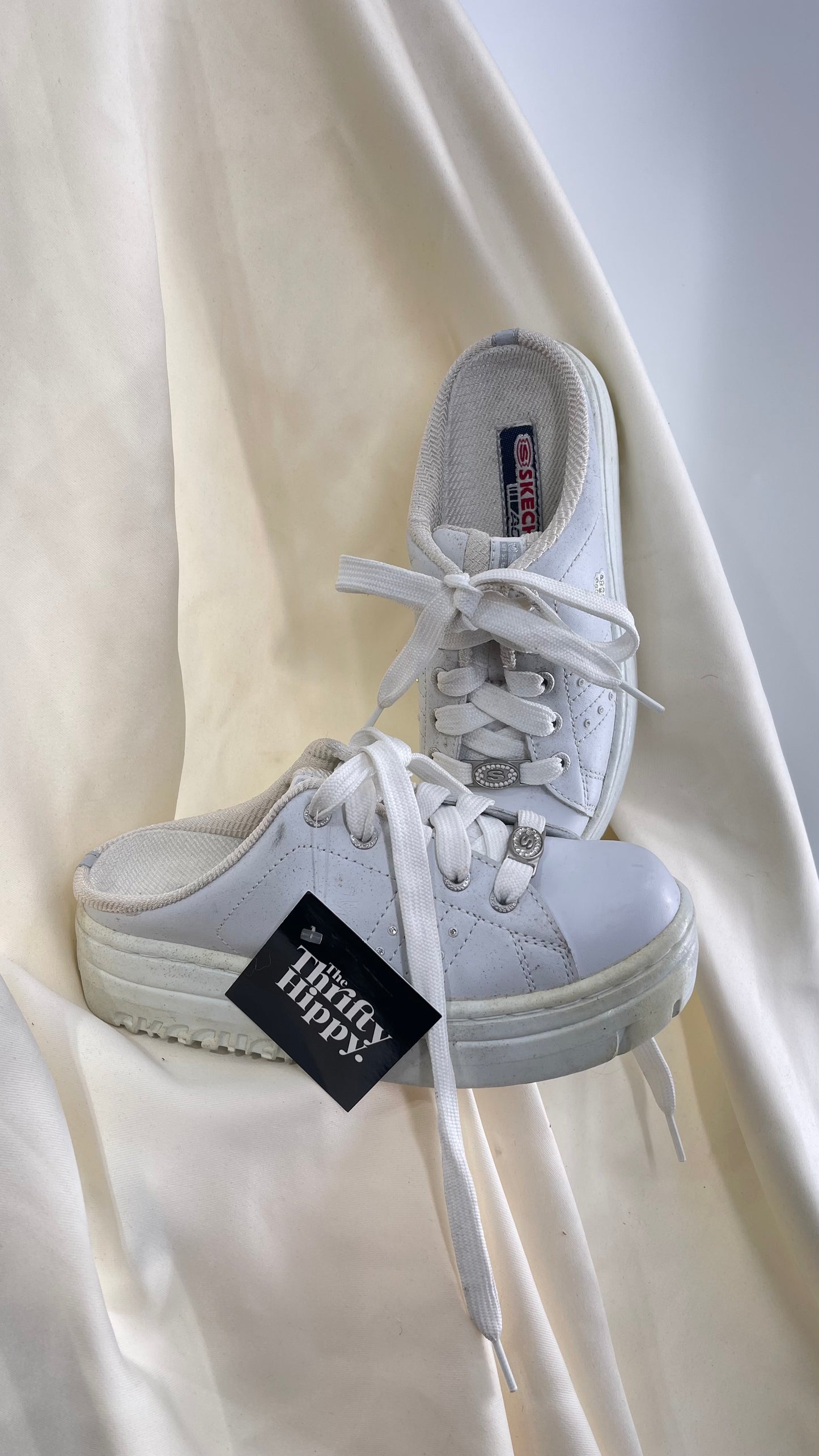 Vintage White Sketchers Slip on Platform Jammer Sneakers with Bedazzled Details (6)