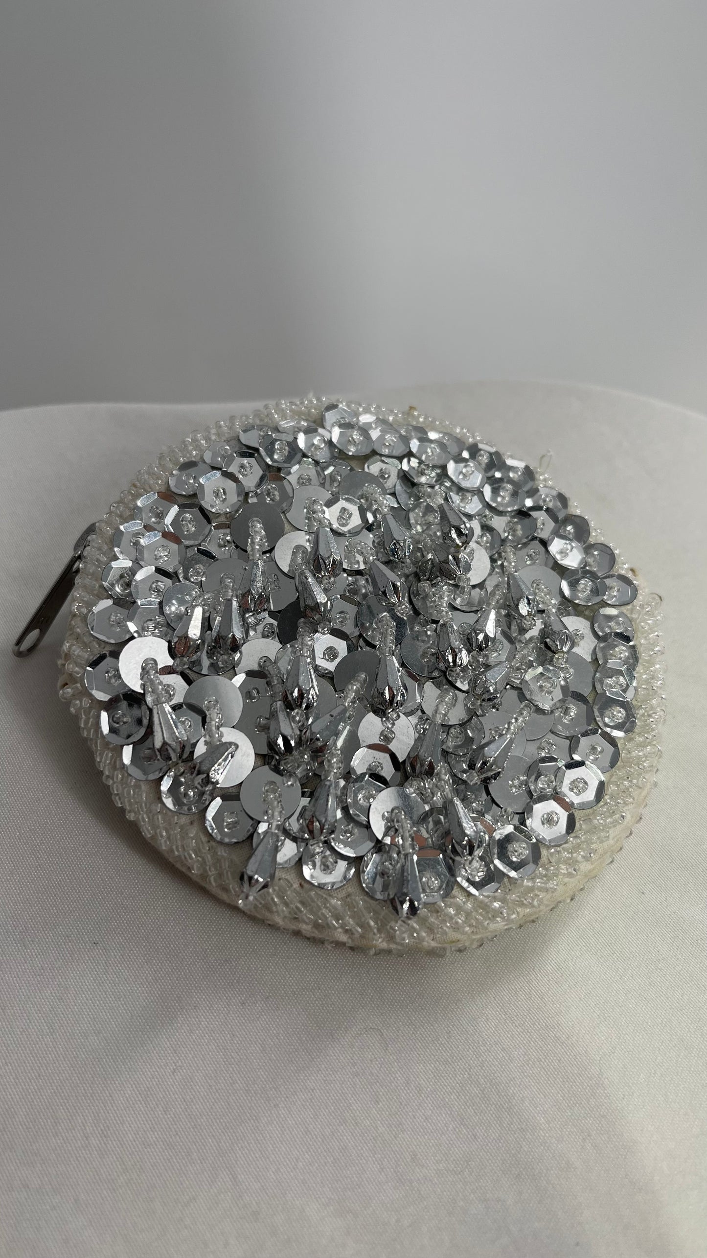 Silver Sequin Tear Drop Beading Round Coin Pouch