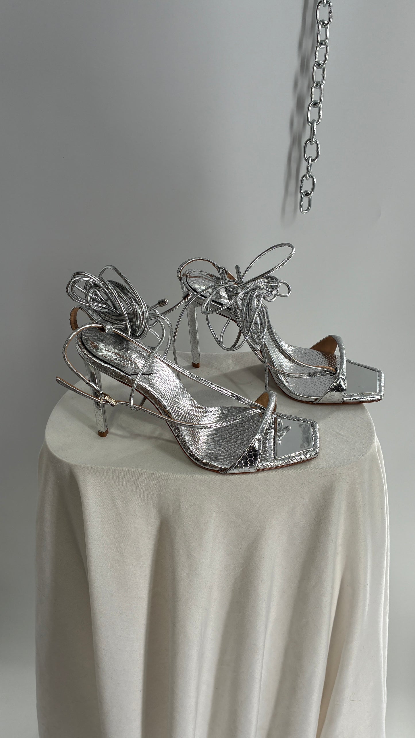 SCHÜTZ Silver Angular Tie Up Heels with Mirror Toe Detail (7)