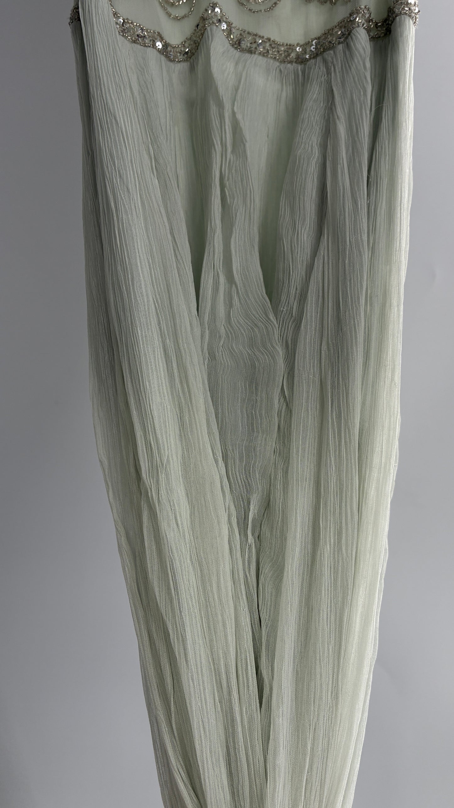 KIMCHI BLUE Light Greyish Seafoam Green Crimped Gown with Beaded Bodice and Sheer Back (2)