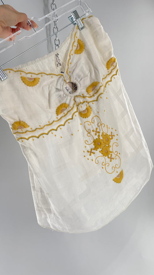 Intimately Free People White Cotton Tube Tank with Yellow Embroidered Detailing (L)