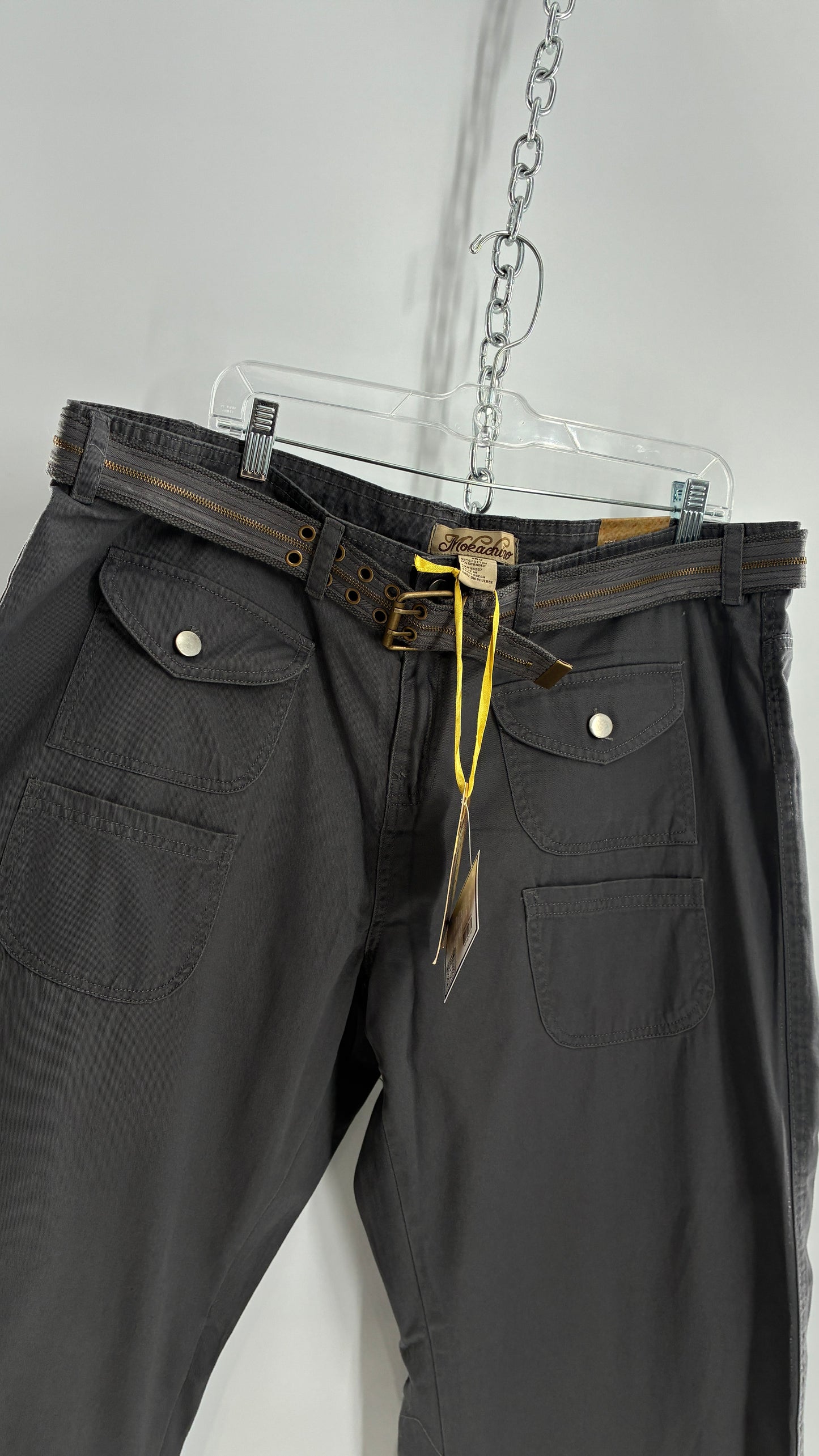 Deadstock Vintage MOKACHINO Grey Low Rise Kick Flares with Zipper Belt and Hip Pockets (18X)