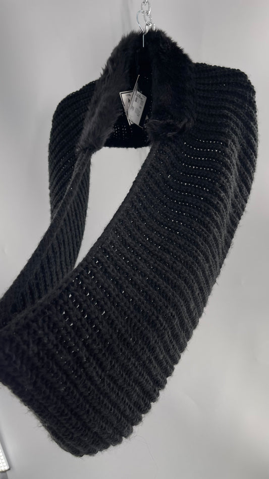 Comma Black Knit Infinity Scarf with Fur Trim Collar and Tags Attached