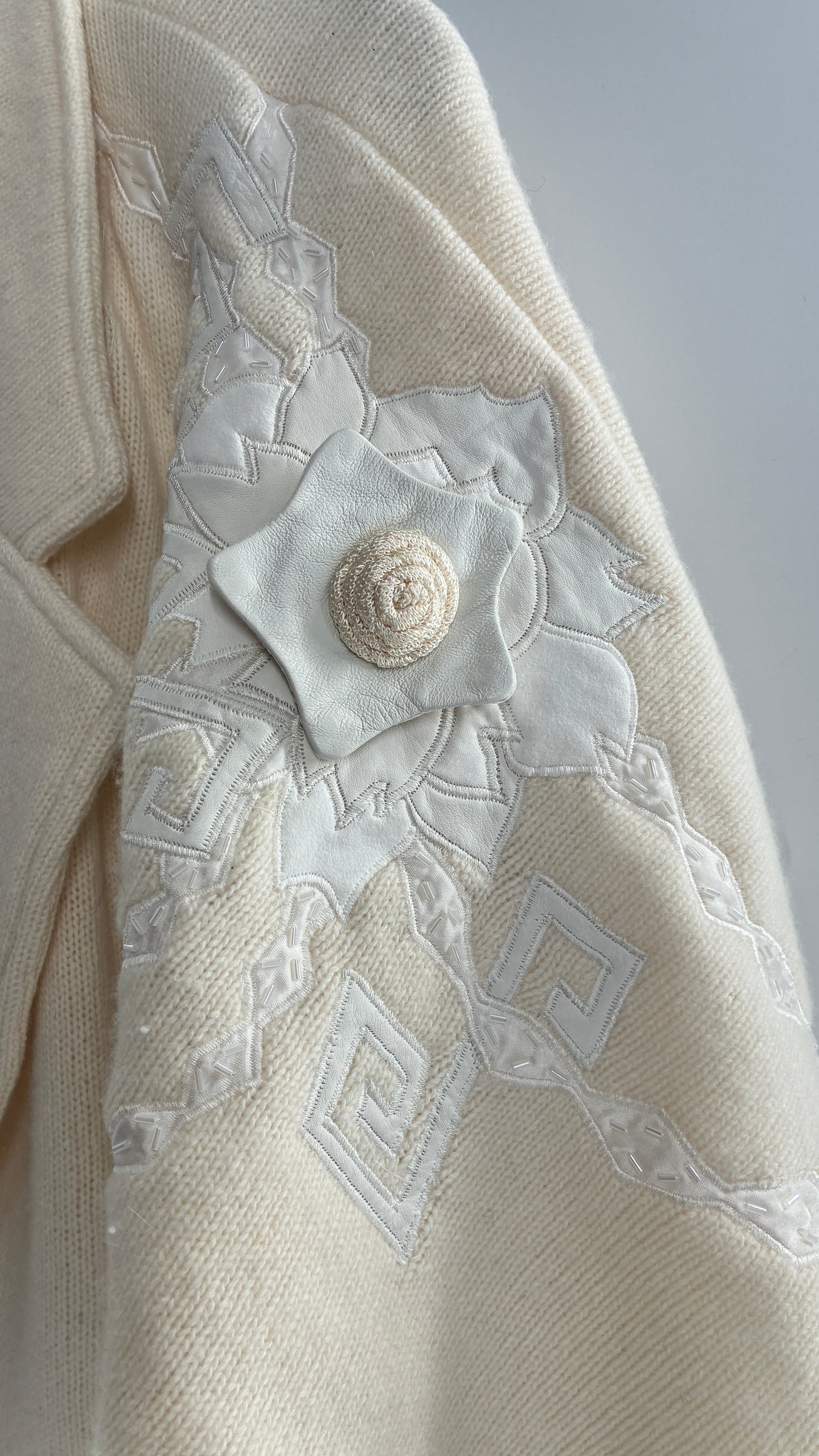 Vintage SUZELLE 70% Lambswool, 20% Angora Rabbit Off White Woven Bomber Jacket with Leather Flower Appliqués (Medium)
