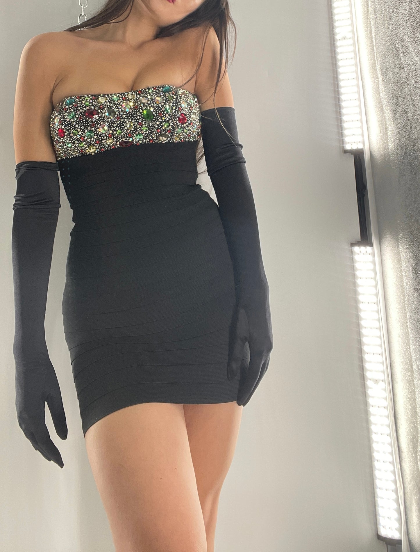 Vintage Sherri Hill Black Elastic Body Con Dress with Beaded, Padded Bust (0)