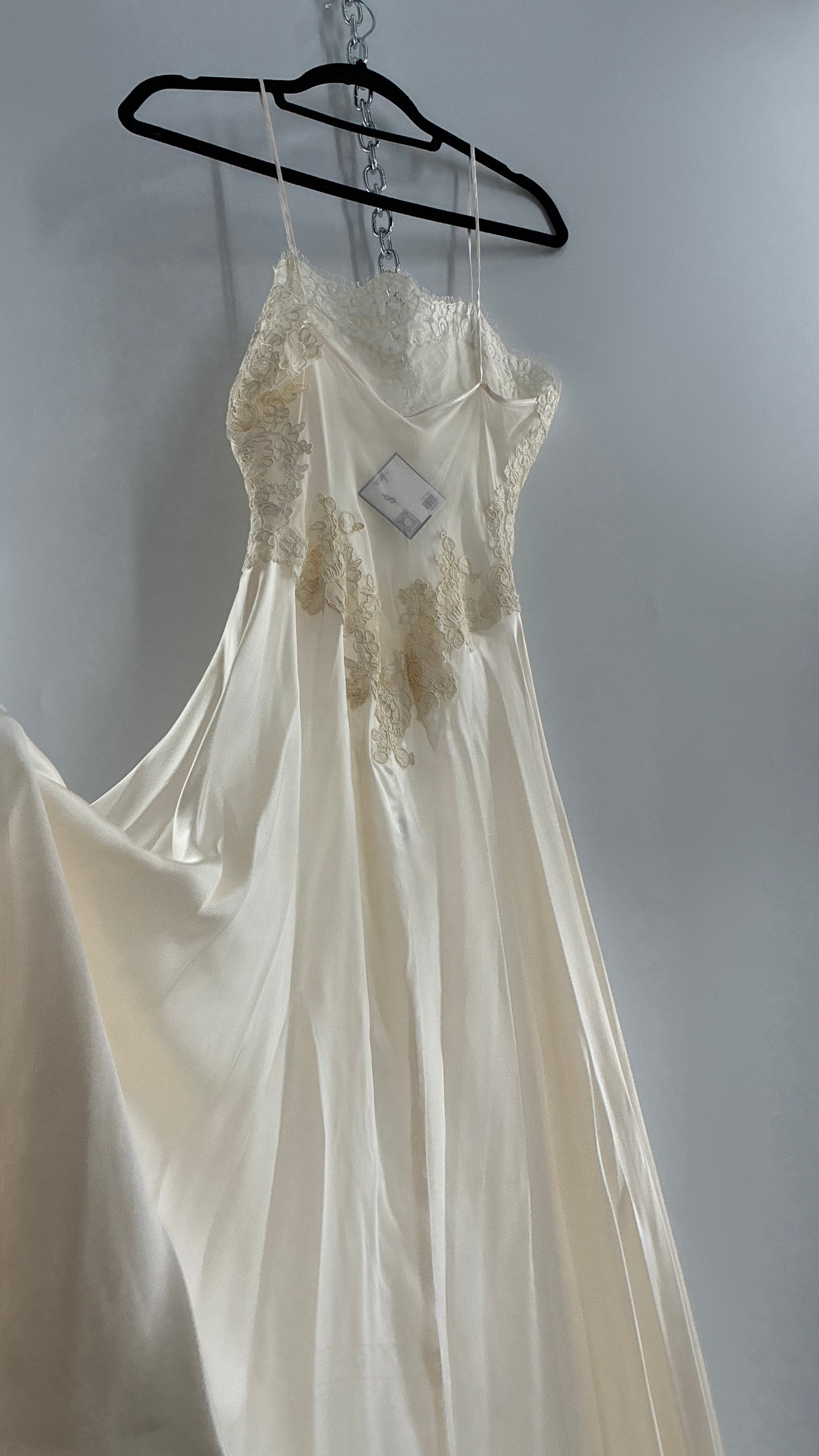Vintage JONQUIL 100% Silk Gown with Heavy Lace Appliqués and Low Cut Sheer Back (Medium)