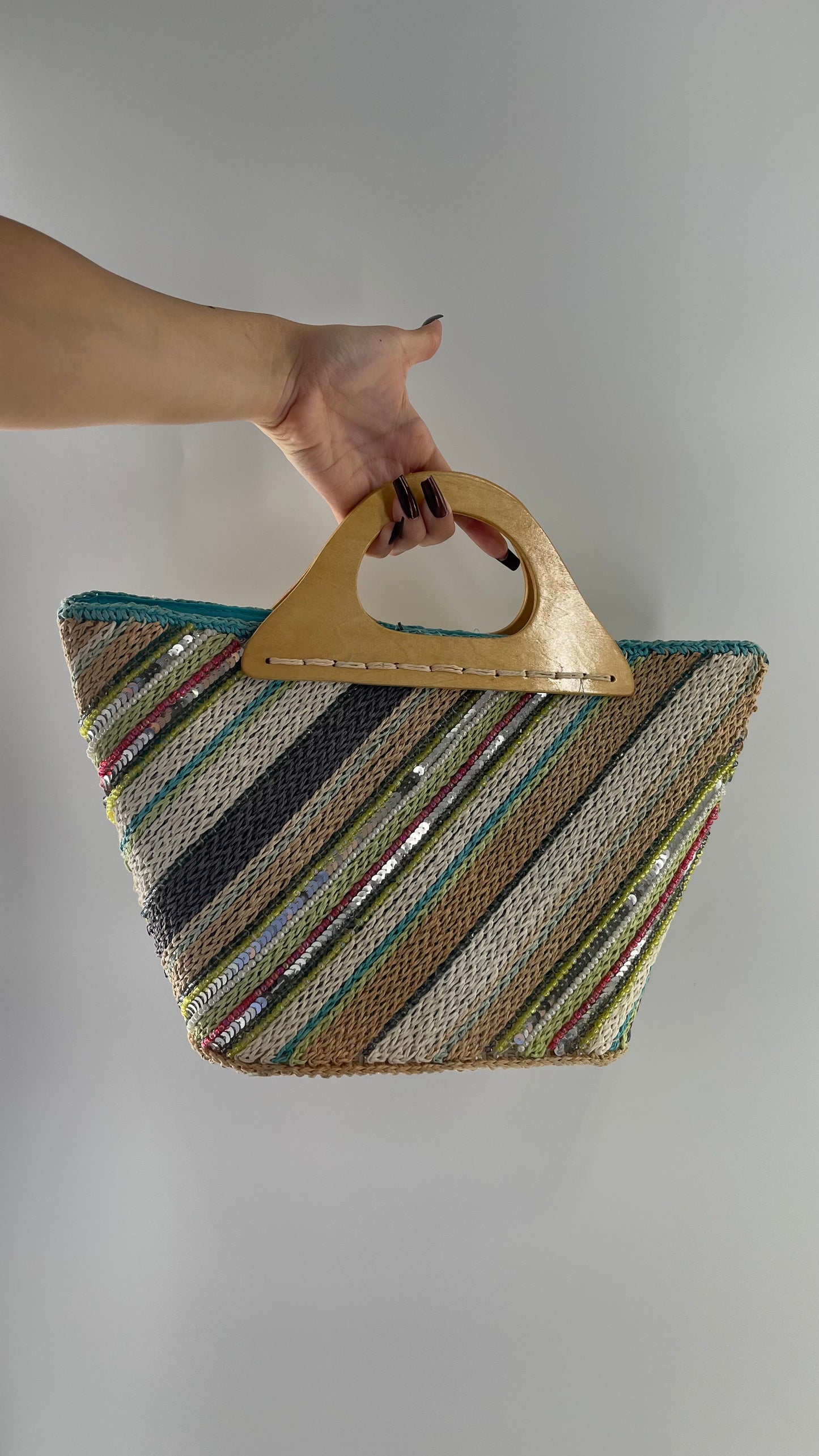 Vintage Woven Straw Purse with Sequins and Beaded Details