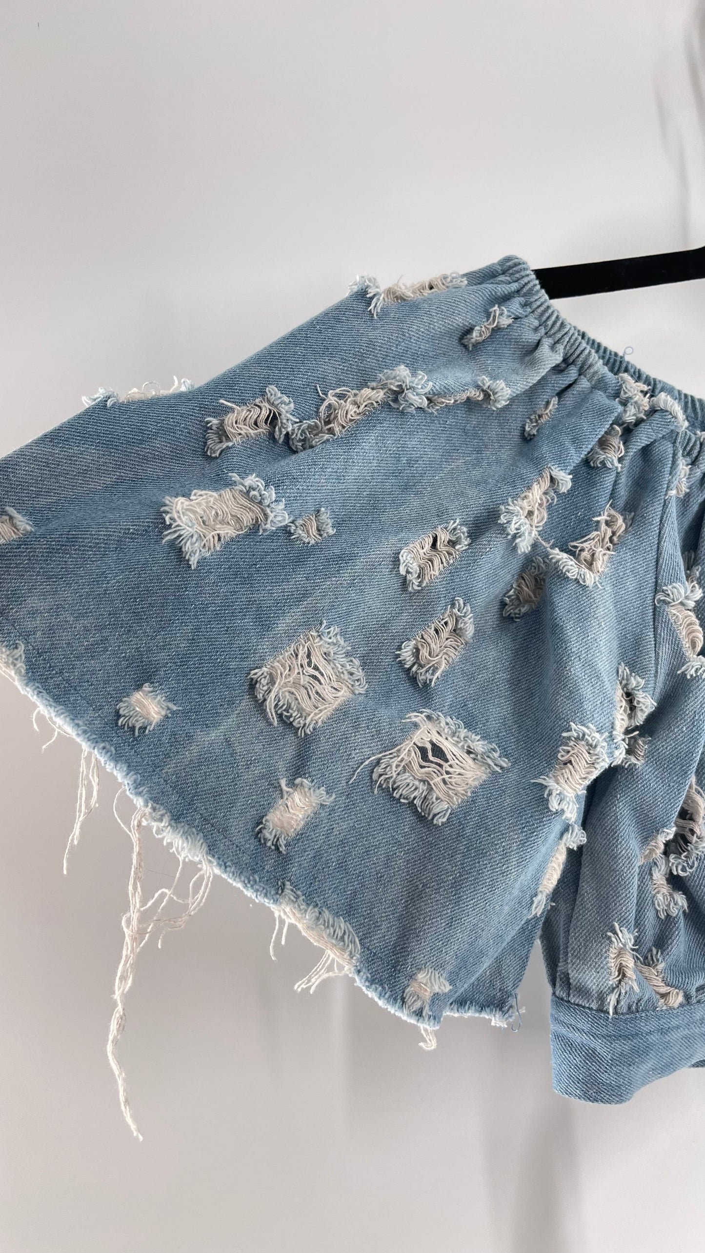 Homage Distressed Denim Crop Top with Keyhole Bust Cutout and Buckle (Medium)