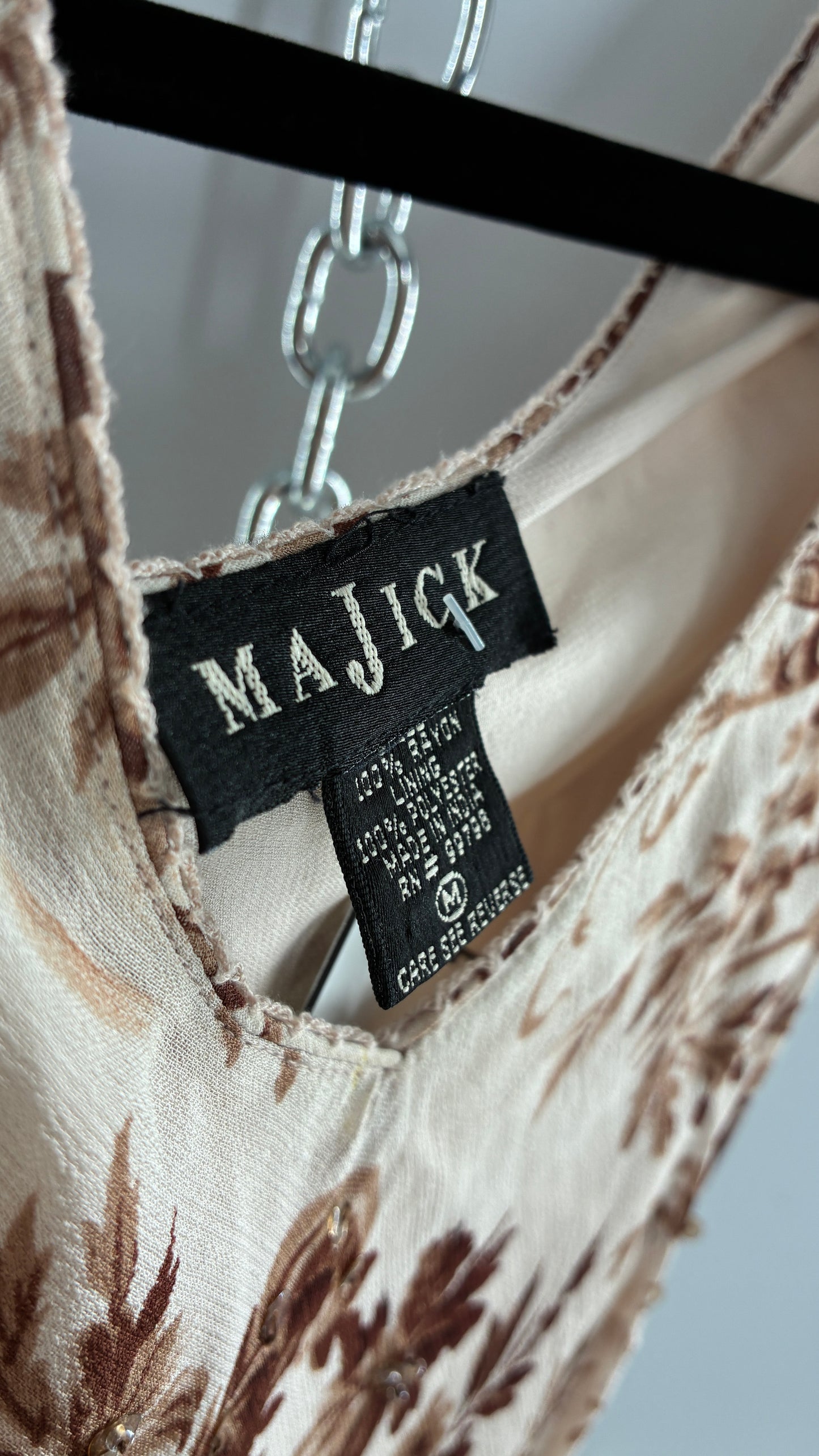 Vintage MAJICK 1990s Brown Floral, Asymmetric Ruffled Hem Gown with Embroidered Sequin Details (Medium)