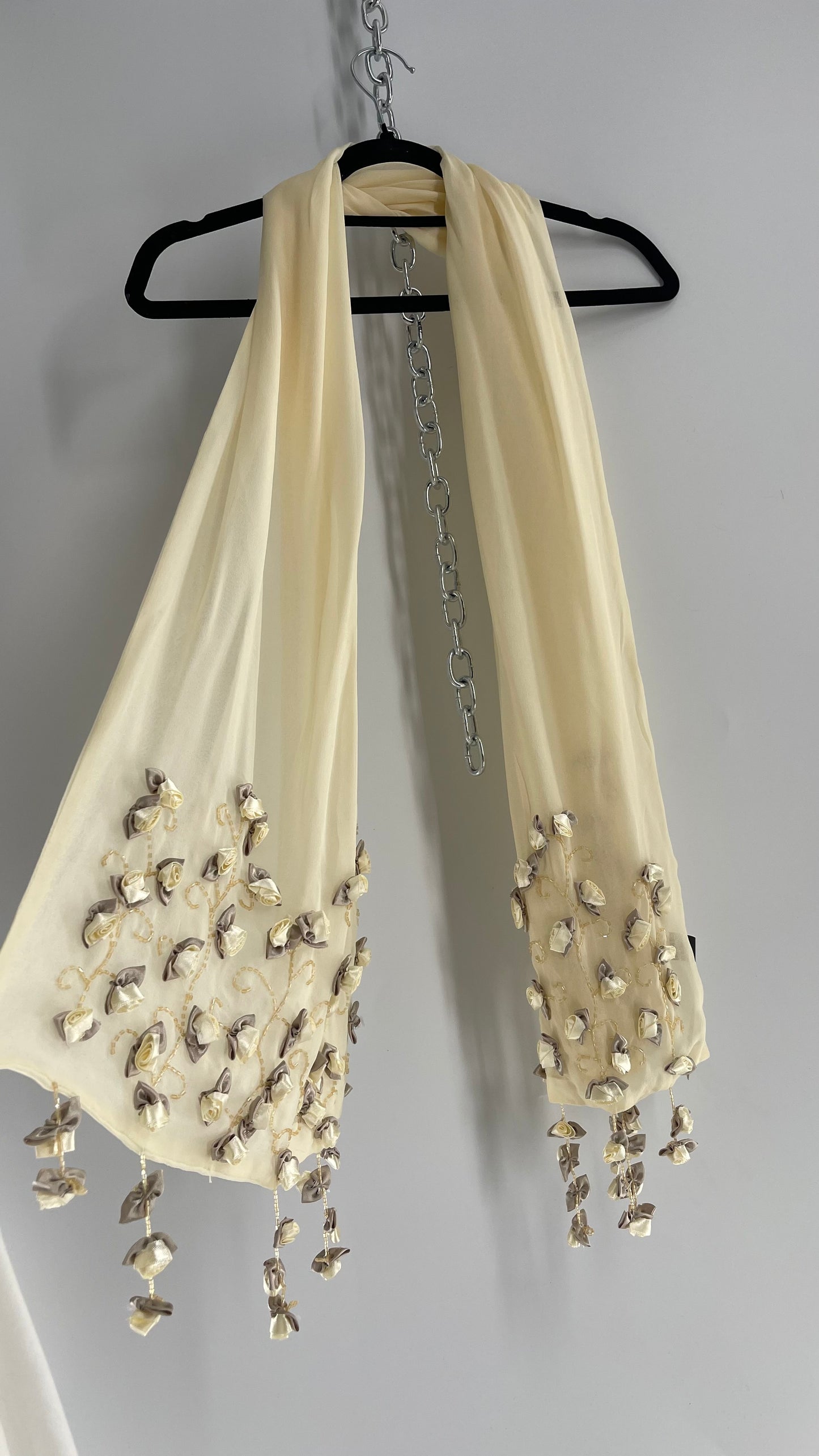 Vintage 1990s Baby Yellow Cream Silk Scarf with Embroidered Rosettes and Beaded Flowers
