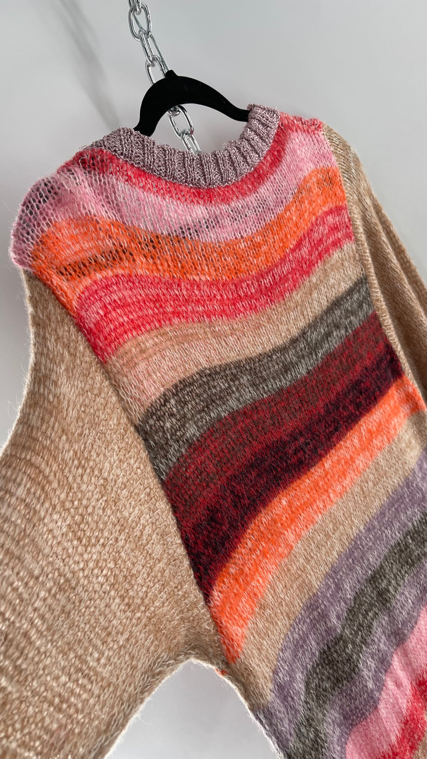 Free People Striped Sweater with Glitter Knit Cuffs and Collar (XS)