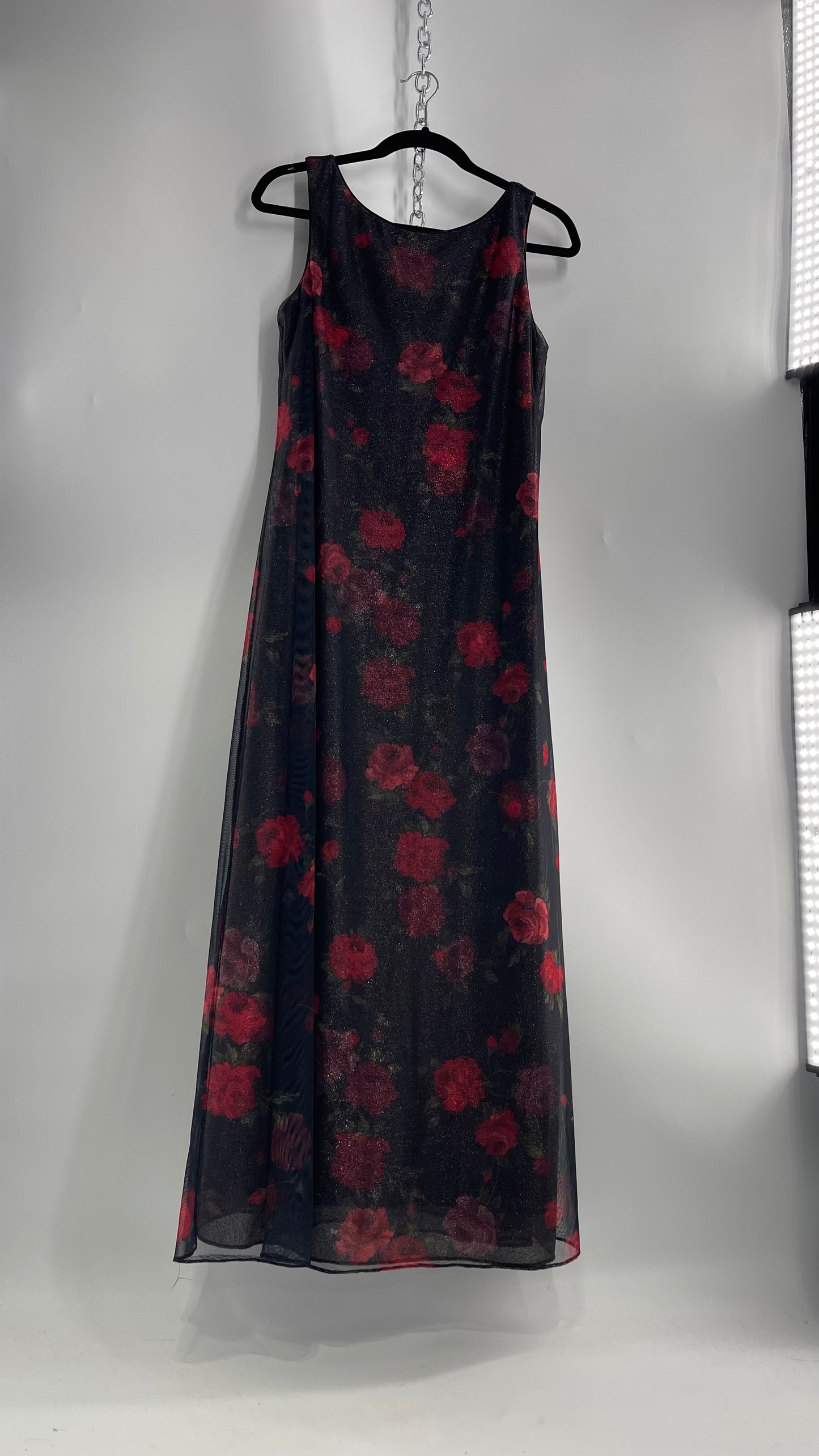 Vintage TEDDI EVENING Dress with Red Rose Layer Over Glitter Graphic and Black Base Layer (10)