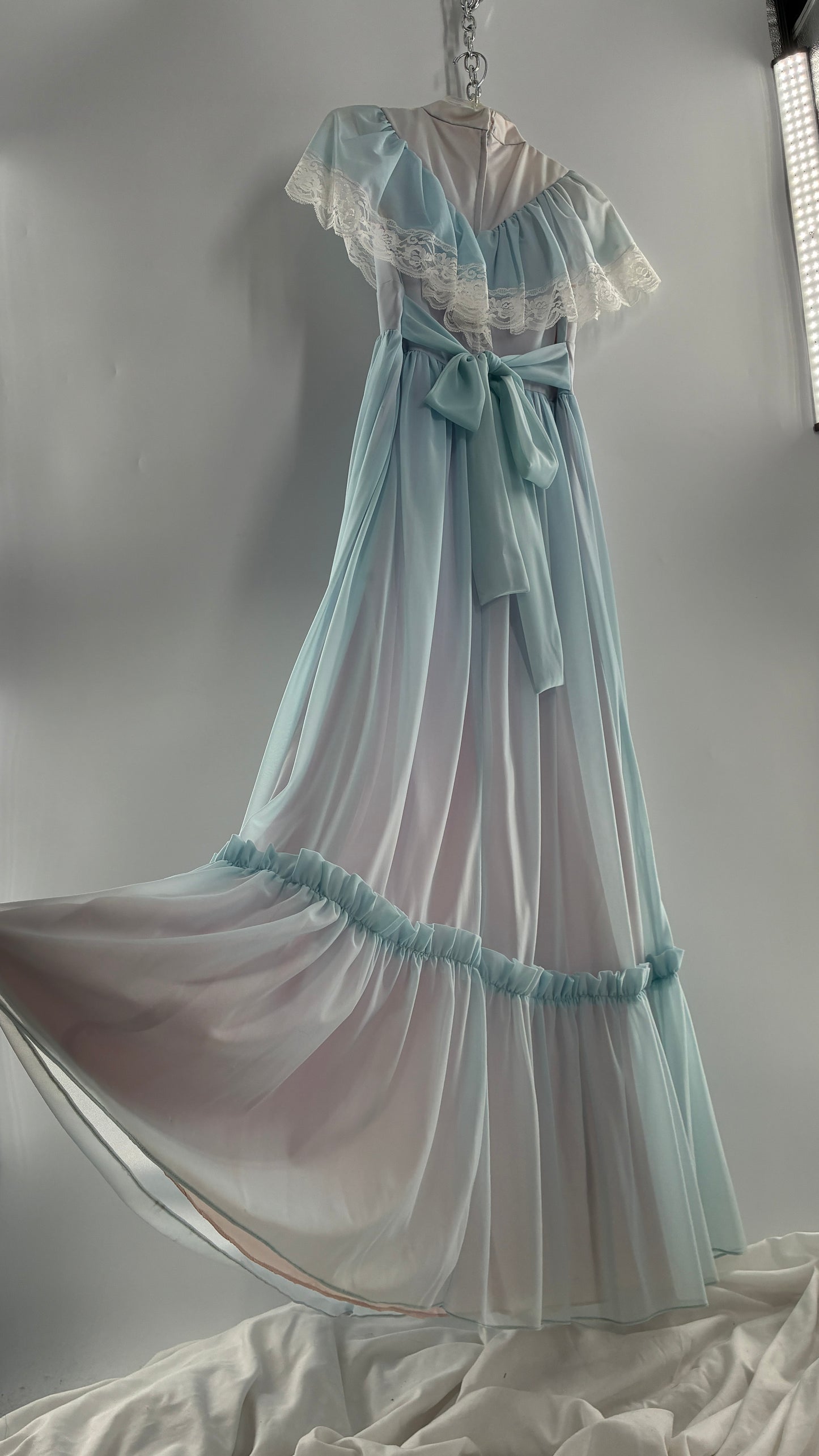 Vintage Handmade 1960s Powder Blue Overlay, Lilac Underlay Gown, Prairie Wedding Dress