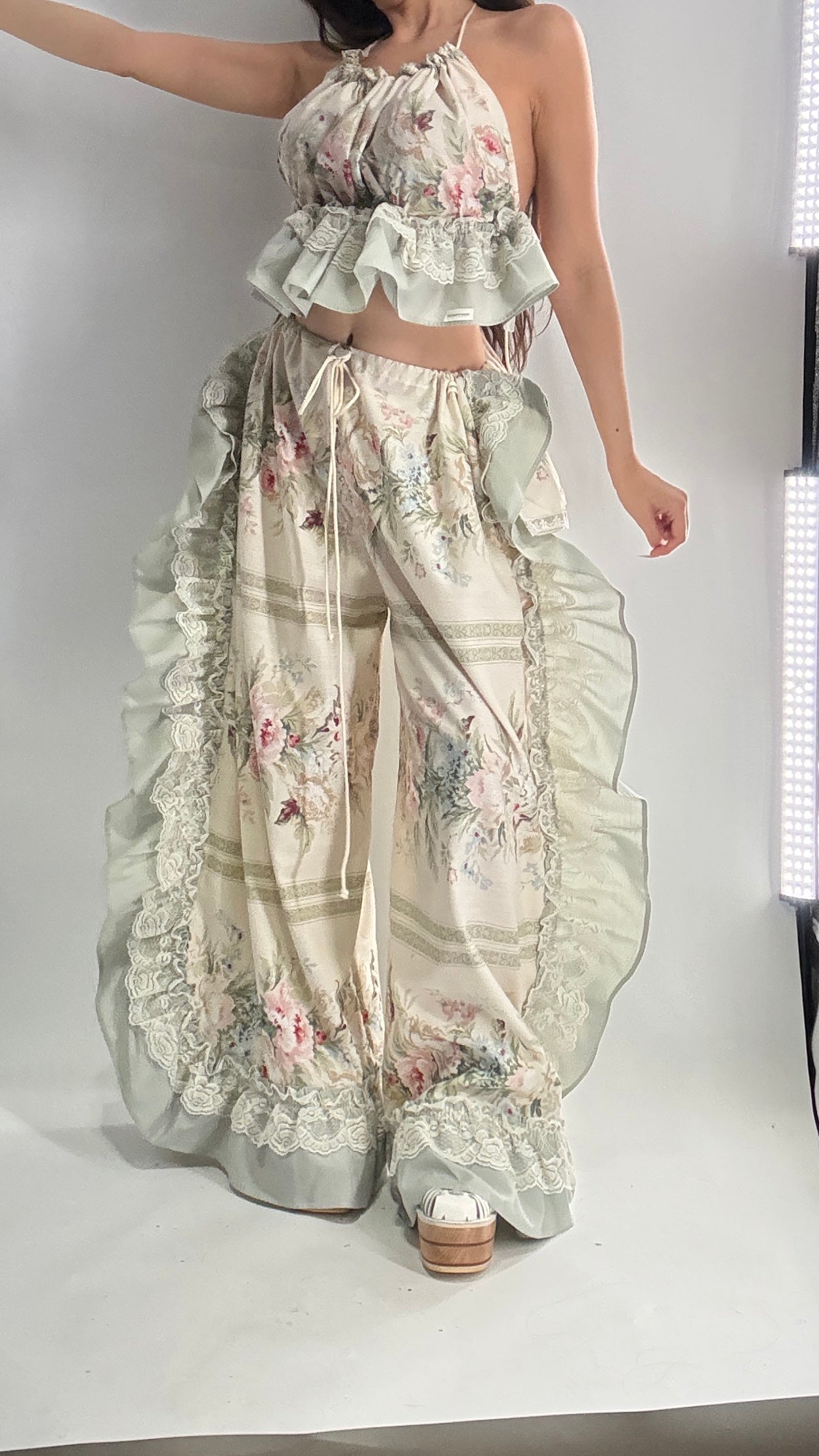 Handmade Vintage Muted Florals Two Piece Set with Adjustable Waist and Bust Lines (XS-XL)