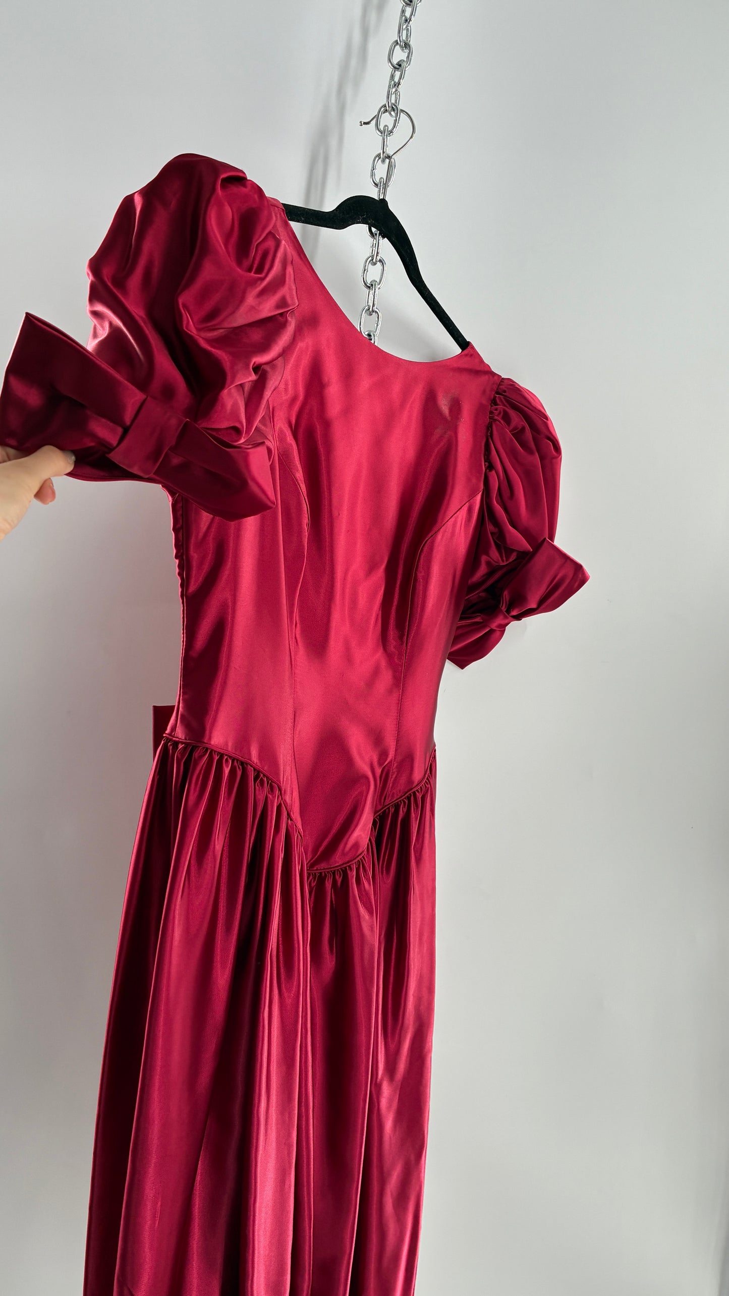Vintage Red Silky Satin Corset Style Dress with Sweetheart Neckline, Puff Sleeves, Oversized Bow Bum, Open Back and Draping Pearls (10P)