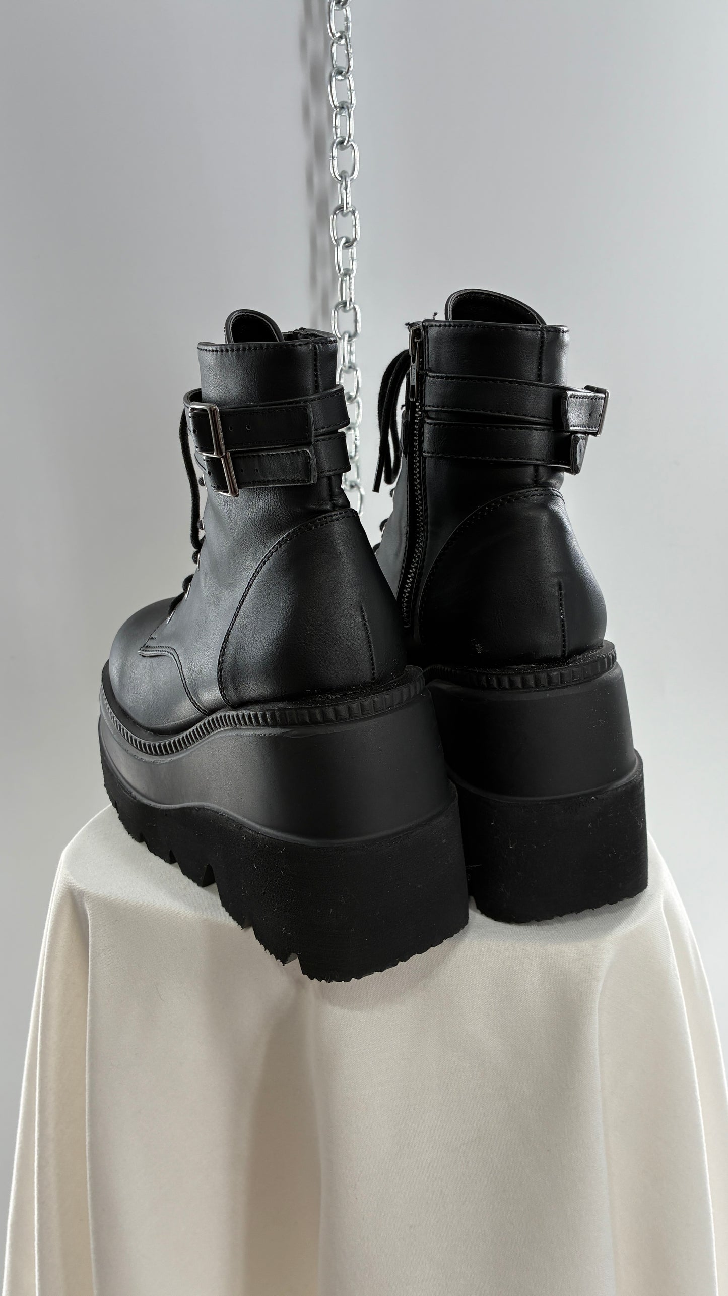 DEMONIA Shaker-52 Black Platform Wedge Combat Boots (9)