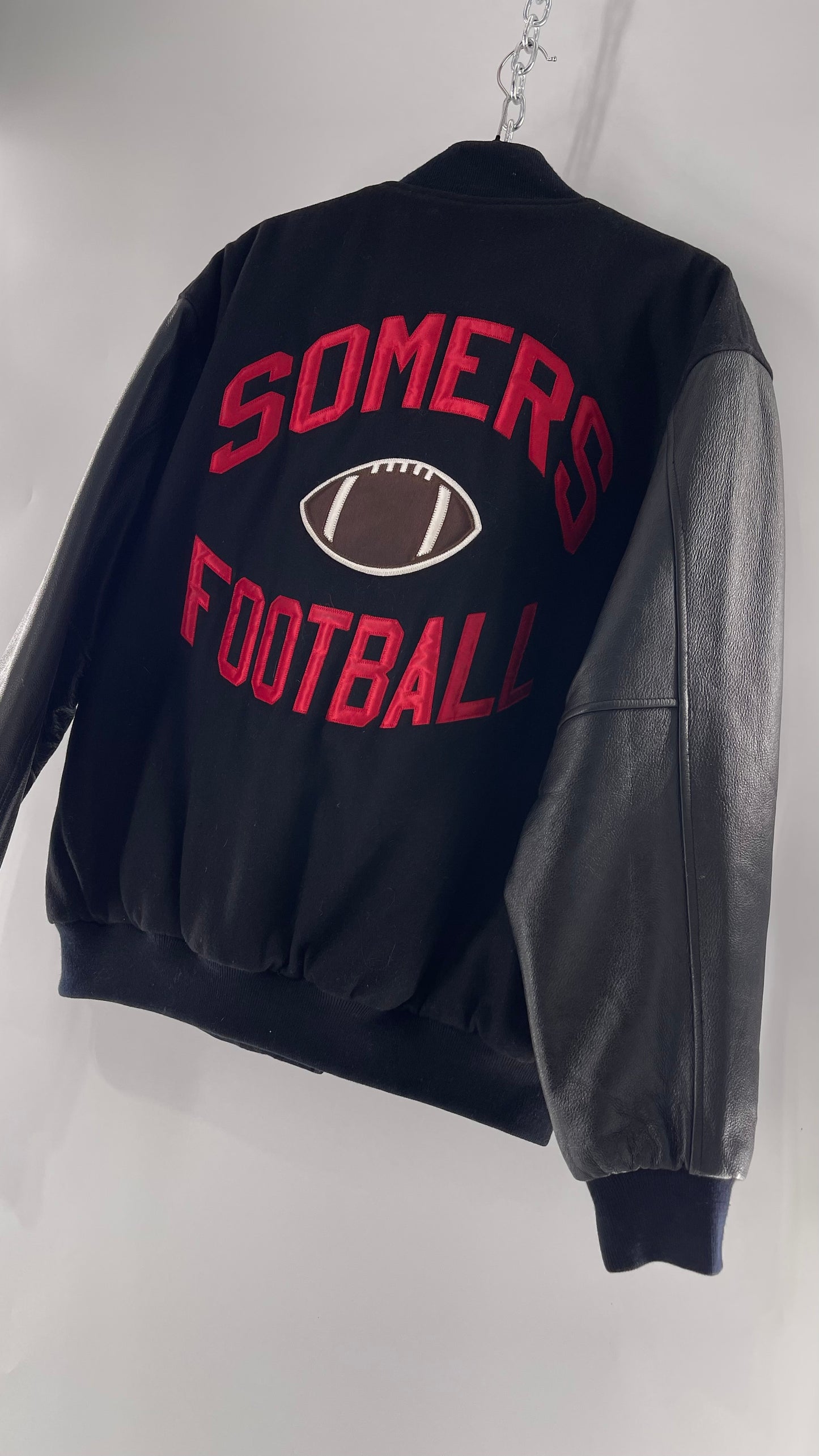 Vintage Somers Football Varsity Jacket with Leather Sleeves “Matt” Embroidery and Red Lettering (XL)
