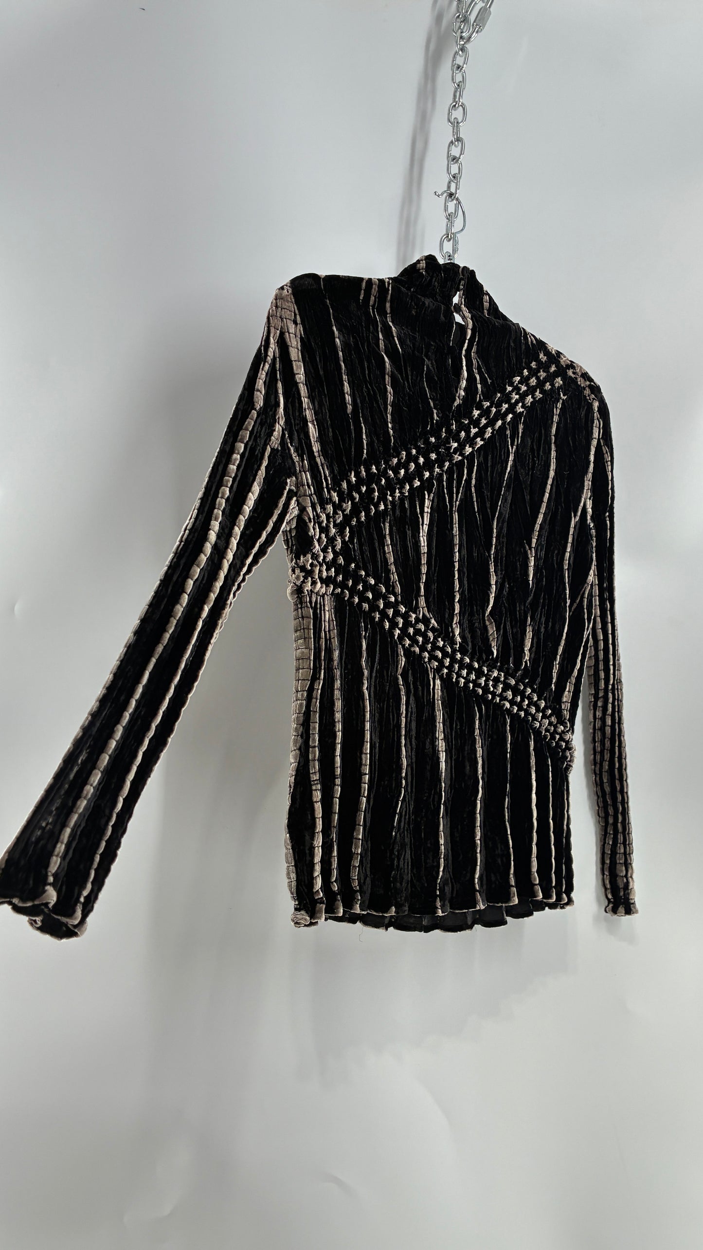 Vintage 1990s Crushed Velvet Black and Beige High Neck Blouse (Small)