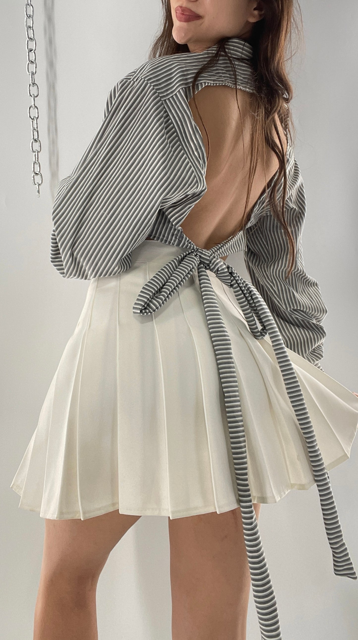 Vintage Reworked Button Front Backless Grey Blue Striped Blouse (One Size)