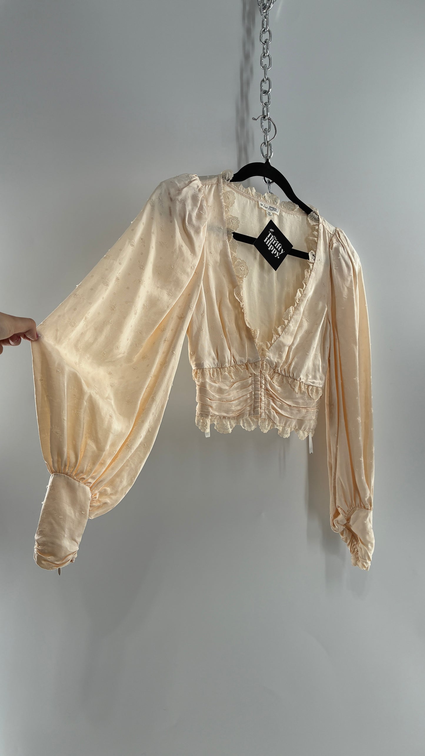 For Love & Lemons Ivory Balloon Sleeve Ruched Waist Blouse (XS)