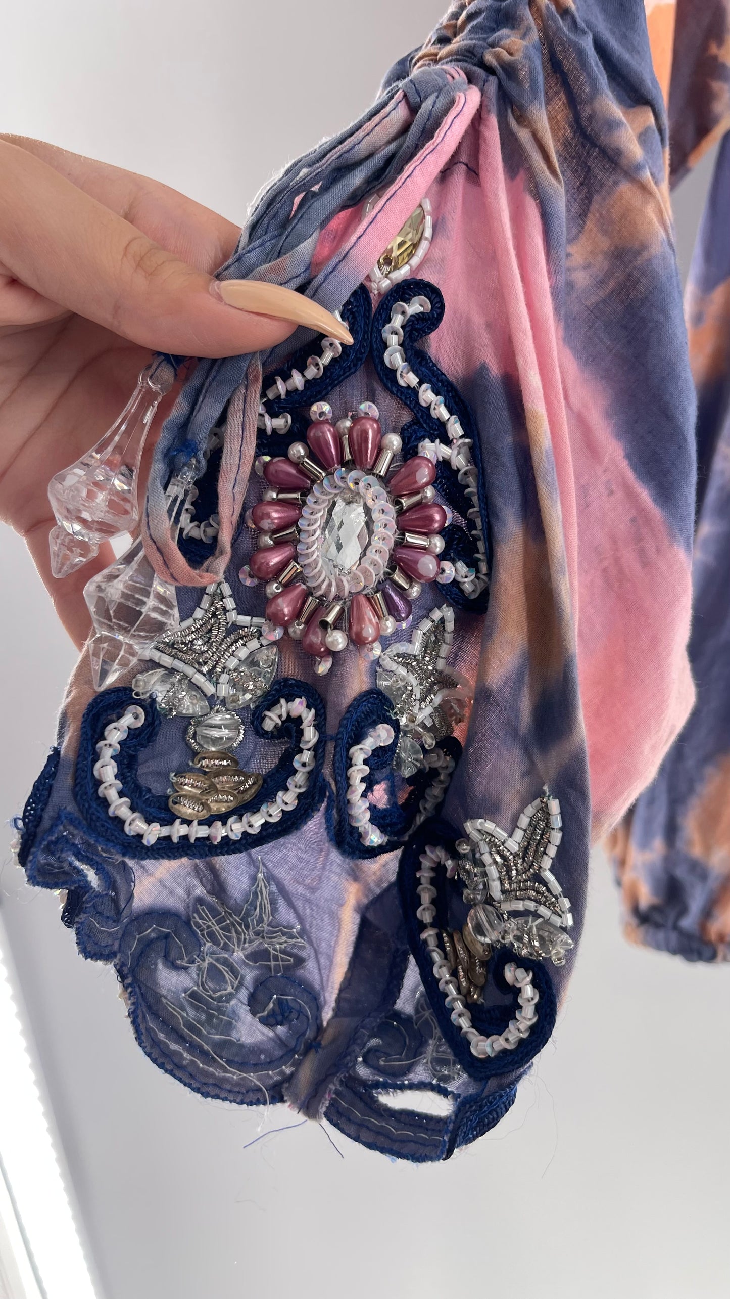 TAJ by Sabrina Crippa Tie Dye Blouse with Gemstone Encrusted Neckline and Ruched Beaded Sleeves (S/M)