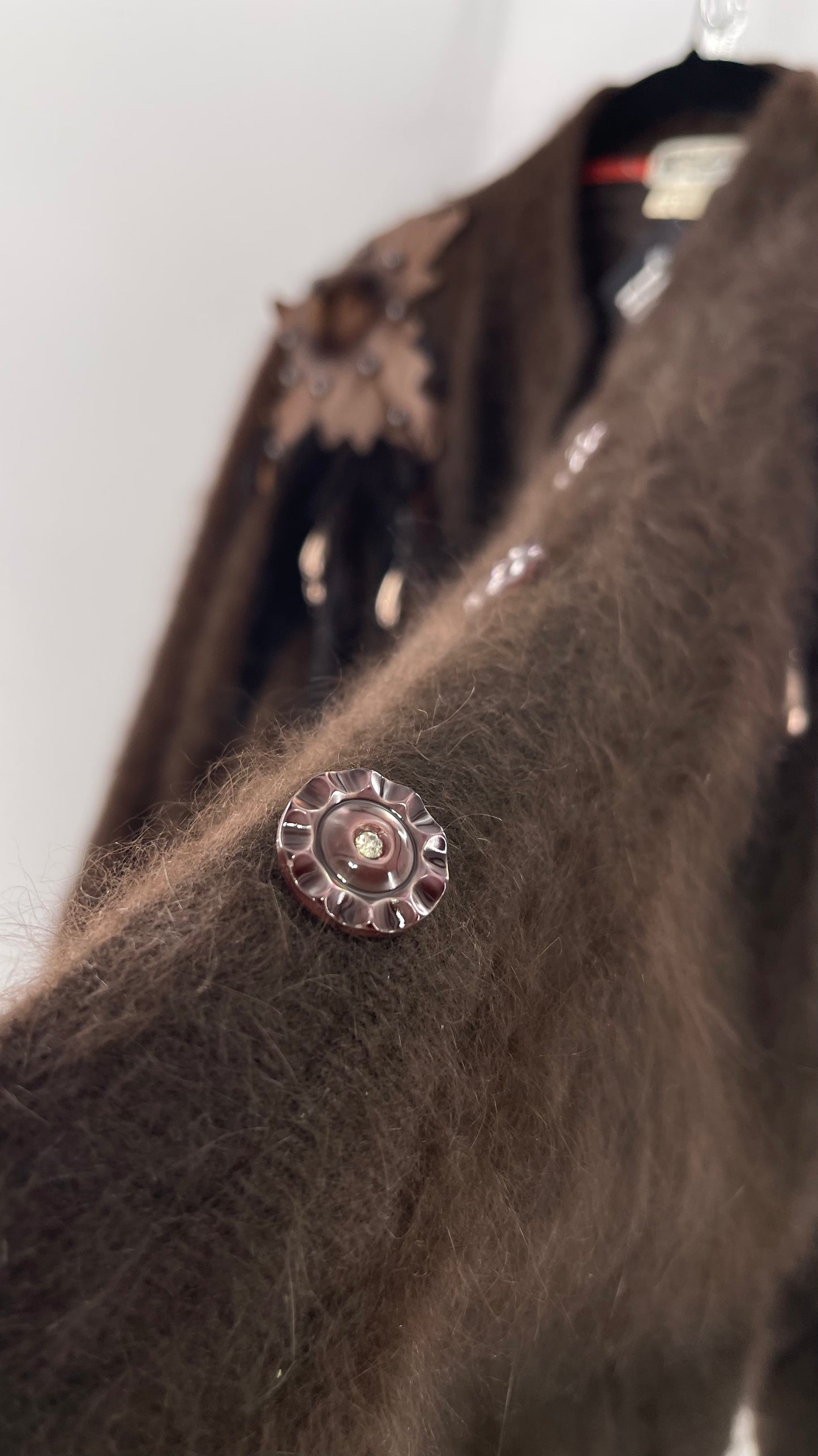 Liho Korean Vintage Brown Cardigan with Leather, Fur and Beaded Detailing 15% Wool 75% Angora  (C)(Medium)
