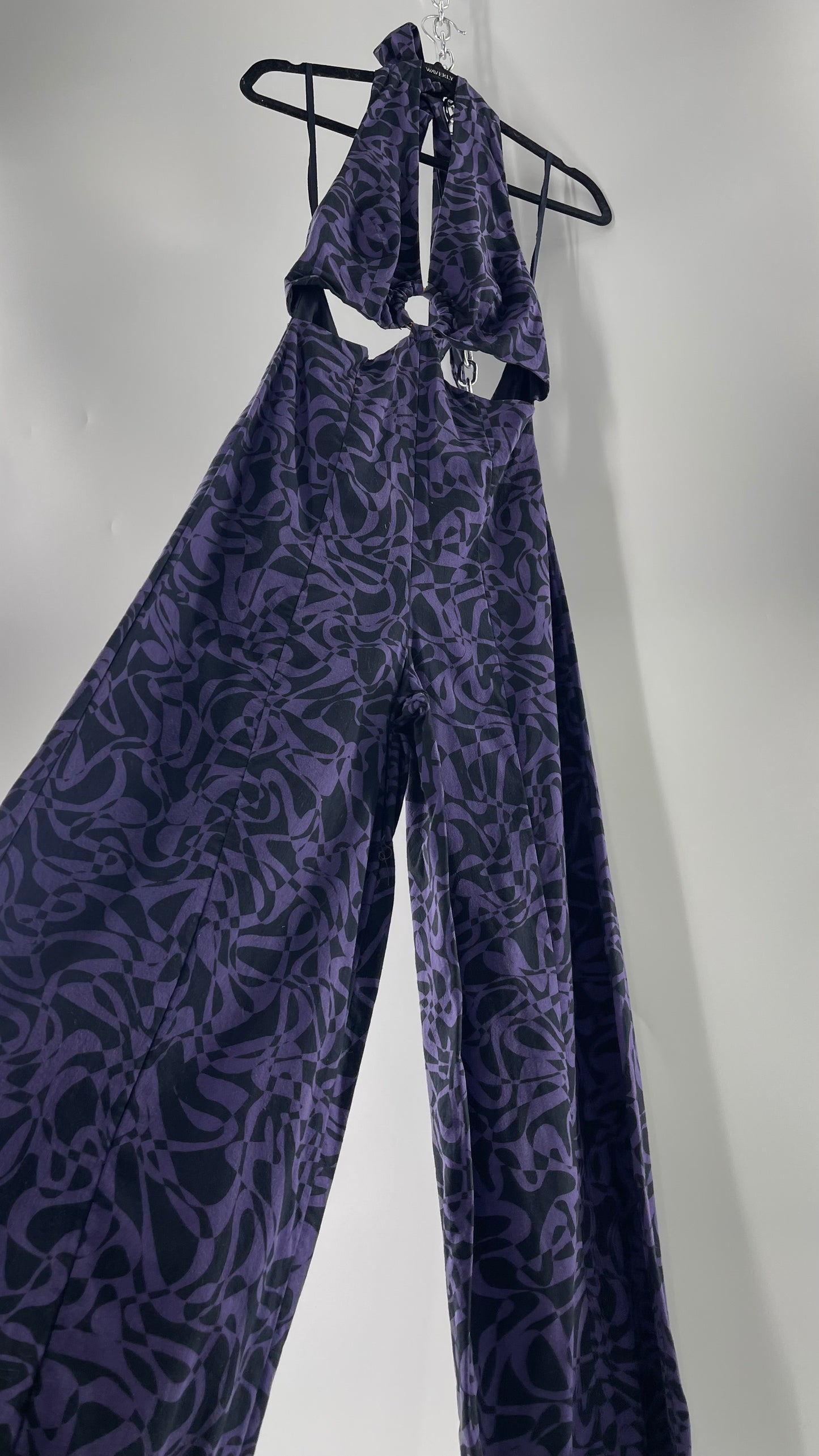 Free People Kira Retro Black and Purple Wide Leg Halter Jumpsuit with Tortoise Bust Loop (XS)