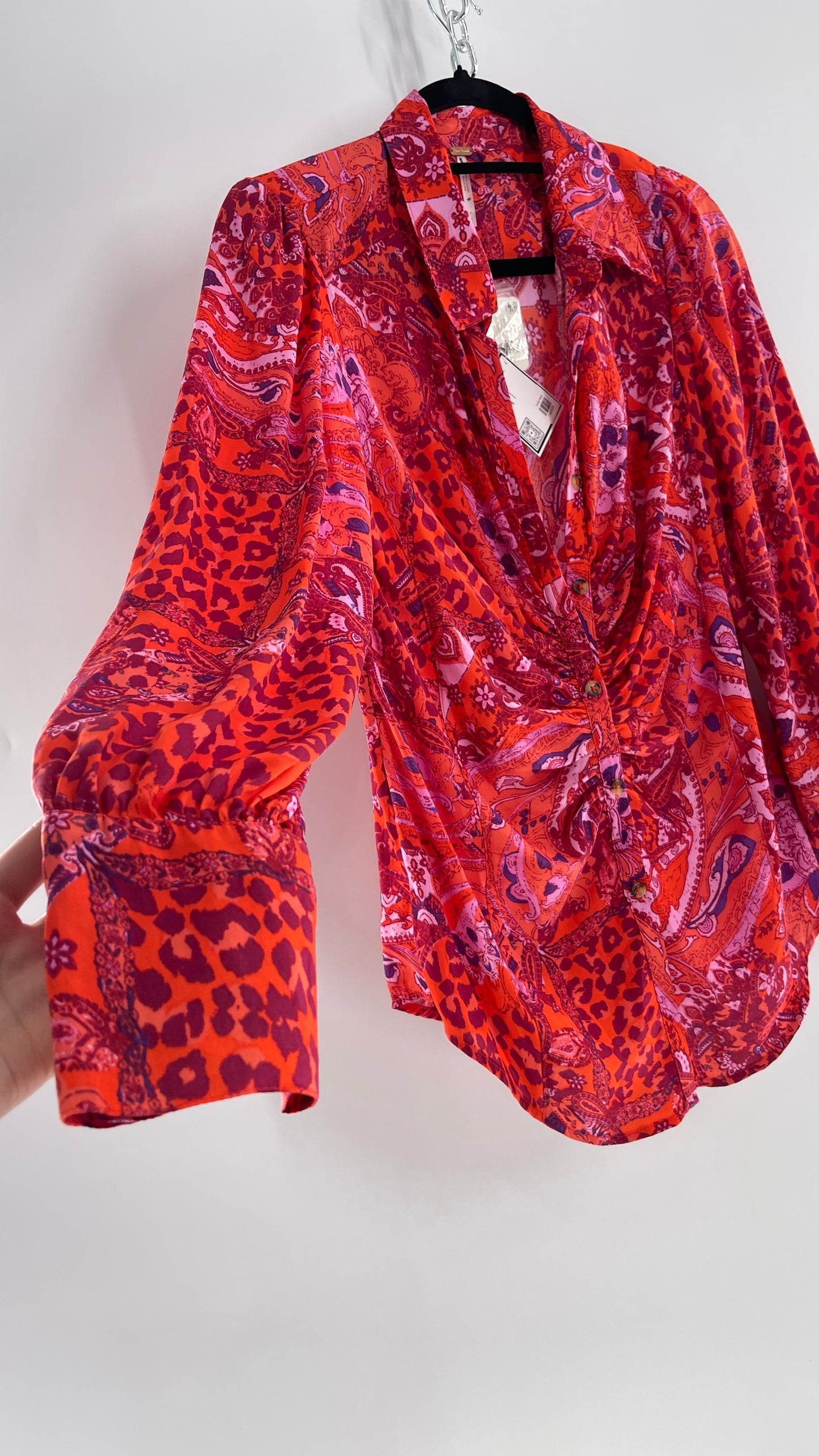 Free People Red, Neon Orange Leopard Paisley Patterned Button Front(Medium)