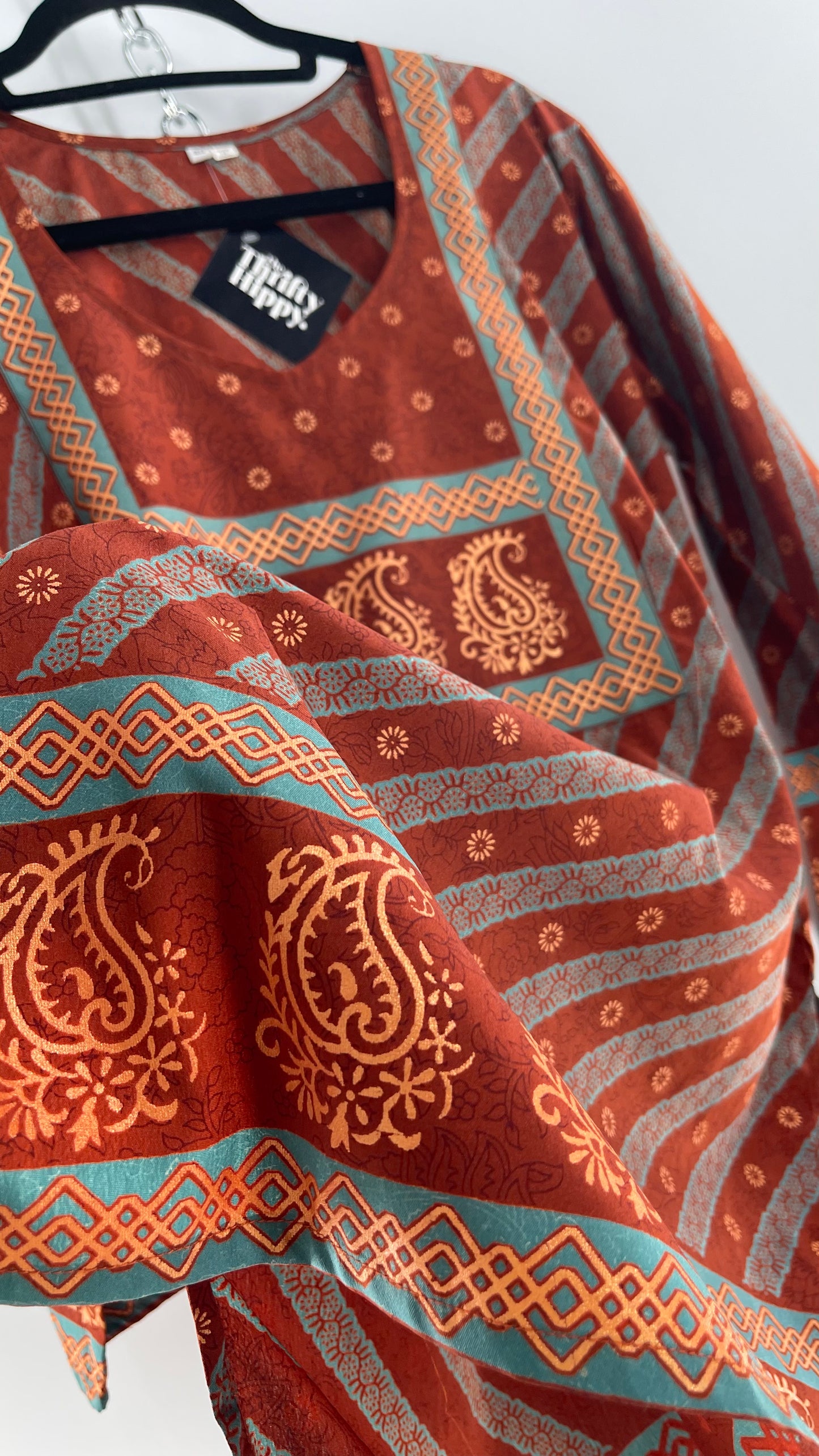 Vintage 1970s Indian 100% Silk Tunic Burnt Orange, Teal and Gold (40)