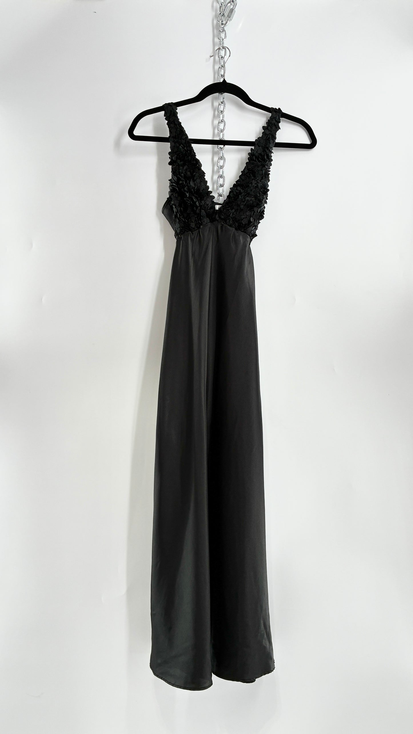 Vintage FLORA Black Slip Gown with Textured Floral Bust (Small)
