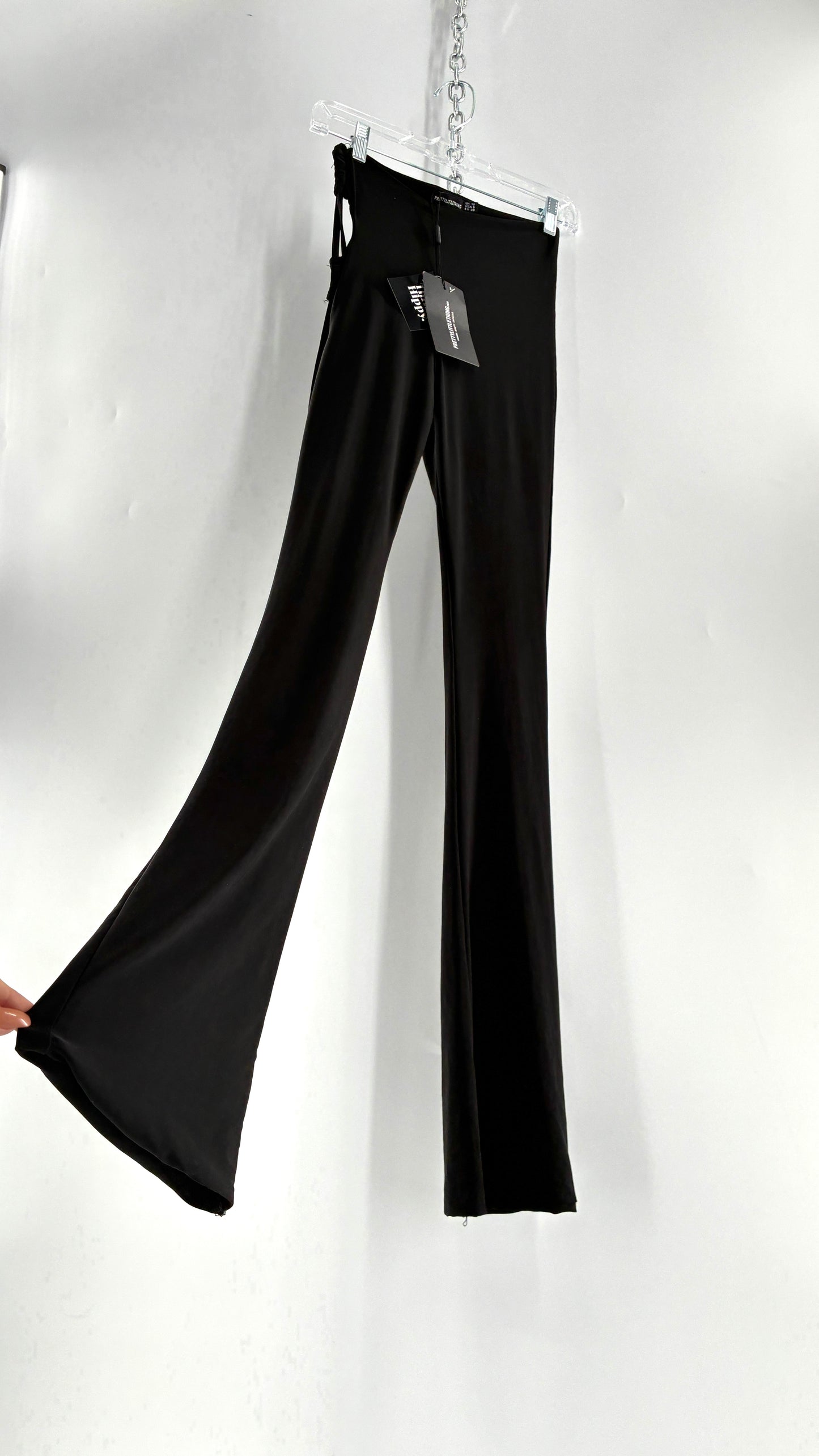 Pretty Little Thing Black Slinky Tie Side Cut Out Flared Double Lined Thick Trousers with Tags Attached (10)