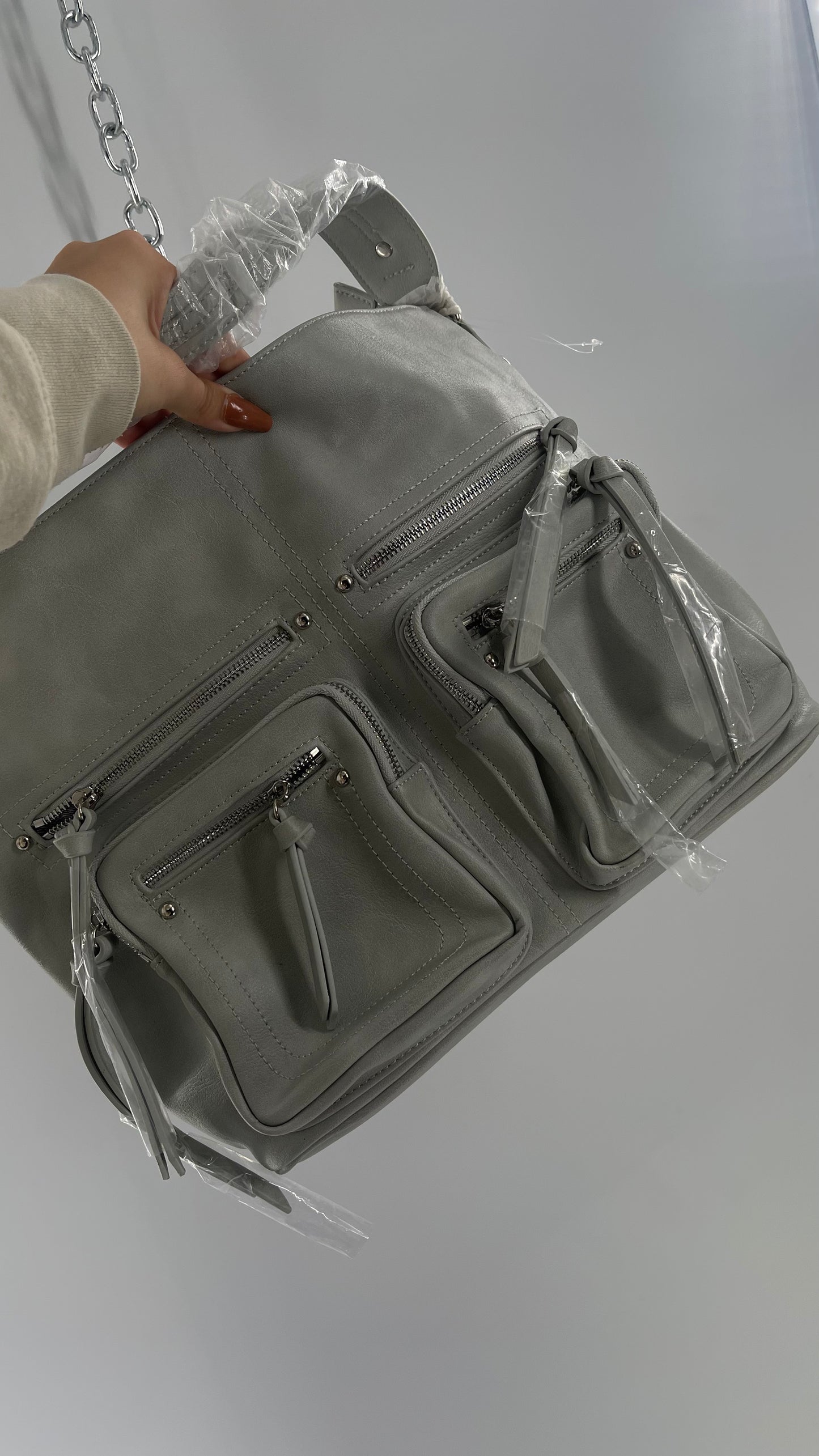 Free People Grey Leather Bag with Heavy Silver Metal Detailing, Pockets and Extra Strap