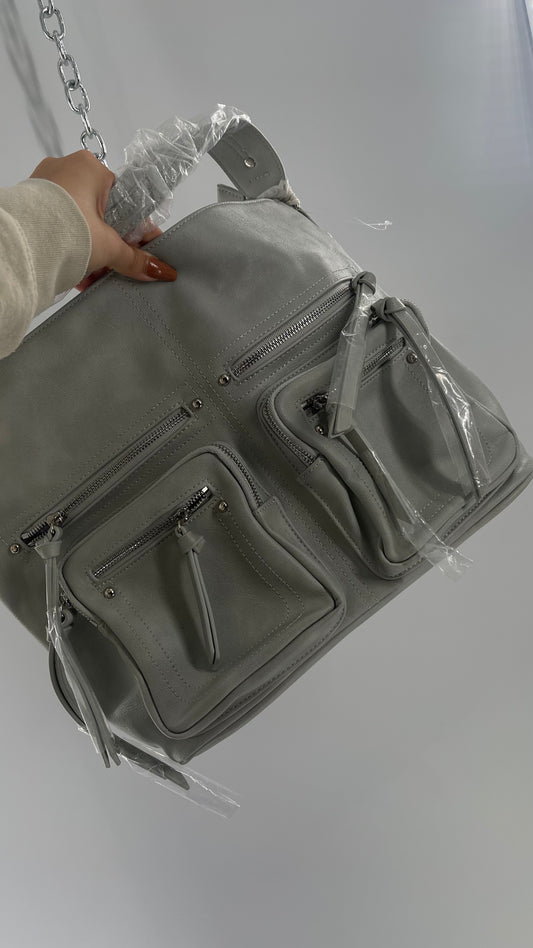 Free People Grey Leather Bag with Heavy Silver Metal Detailing, Pockets and Extra Strap