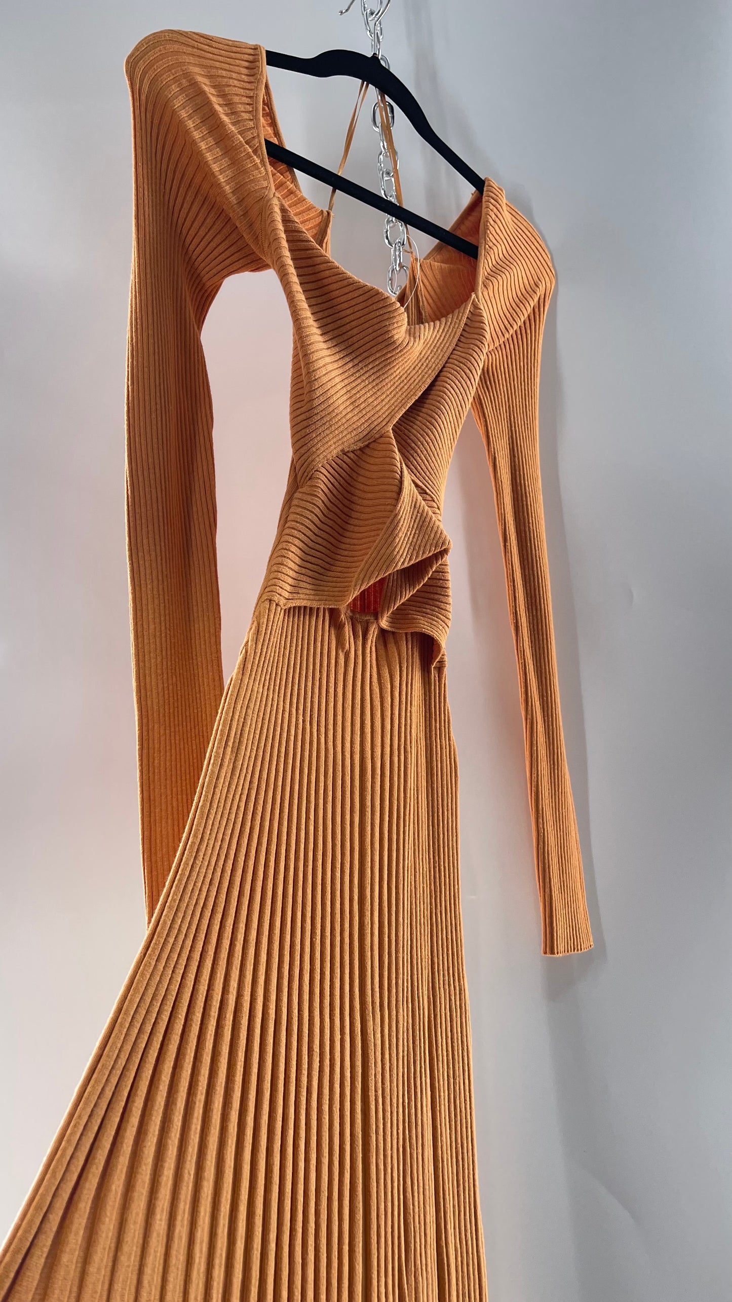 Free People Orange Knit Maxi Dress with Bandage Bust and Exposed Cut Out Midriff (Medium)