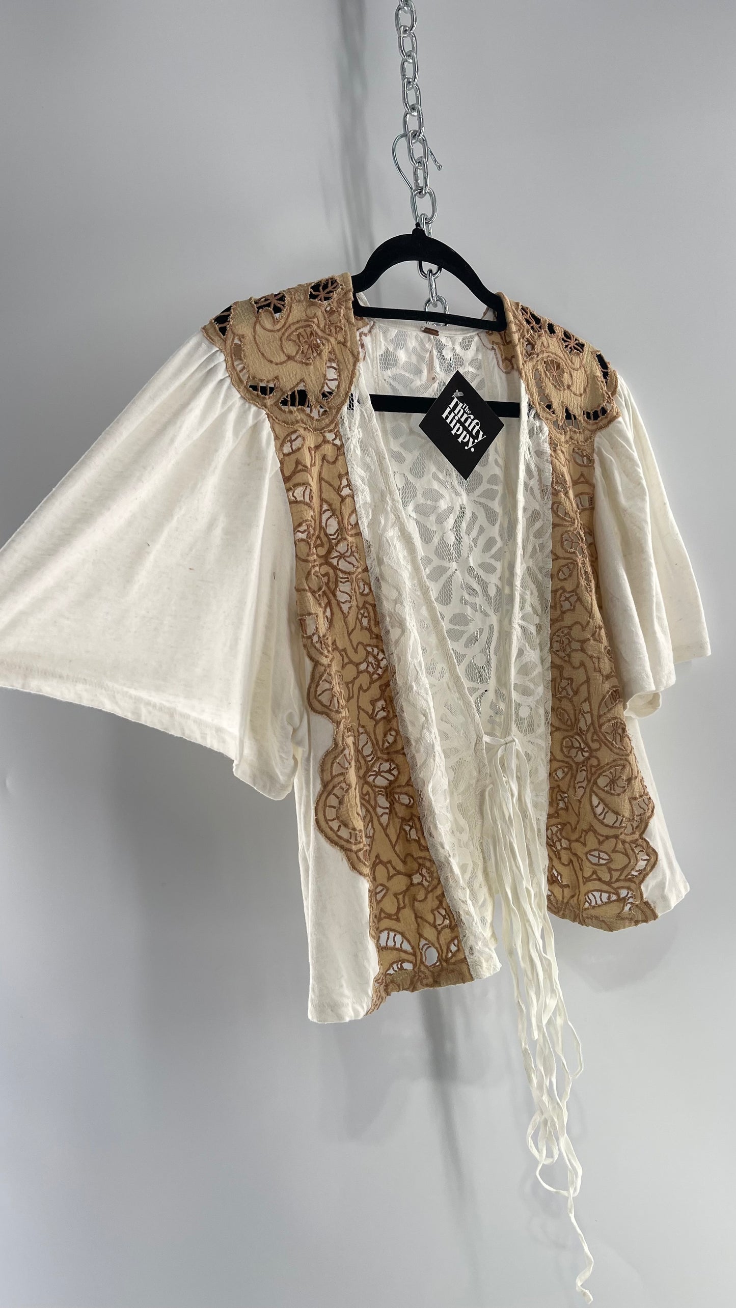 Free People Off White Woven Tie Front/Tie Around Too with Brown Eyelet Lace (Small)