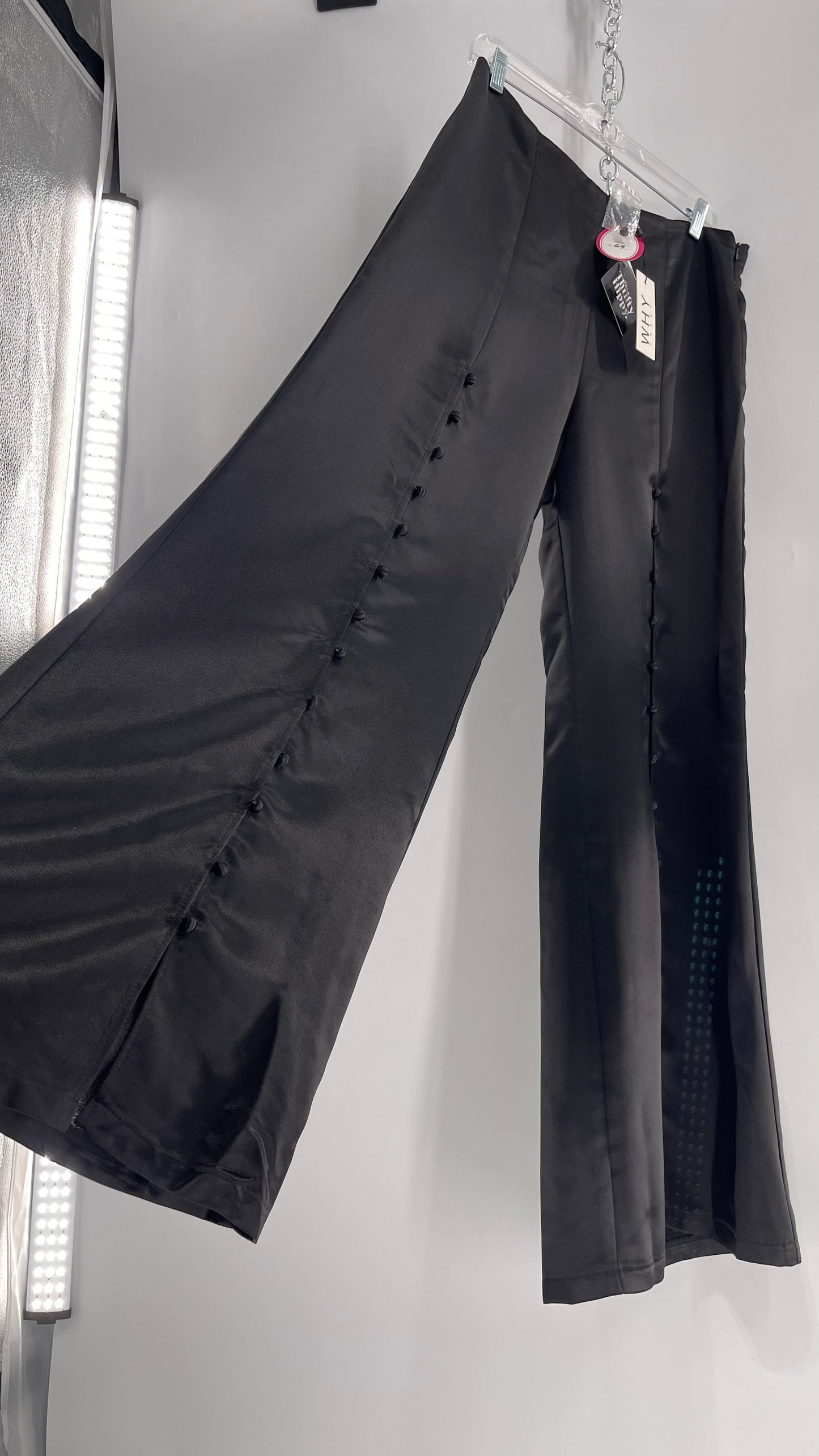 WHY Sultry Steps Black Satin Wide Leg Trouser with Vertical Strip of Satin Buttons (Medium)