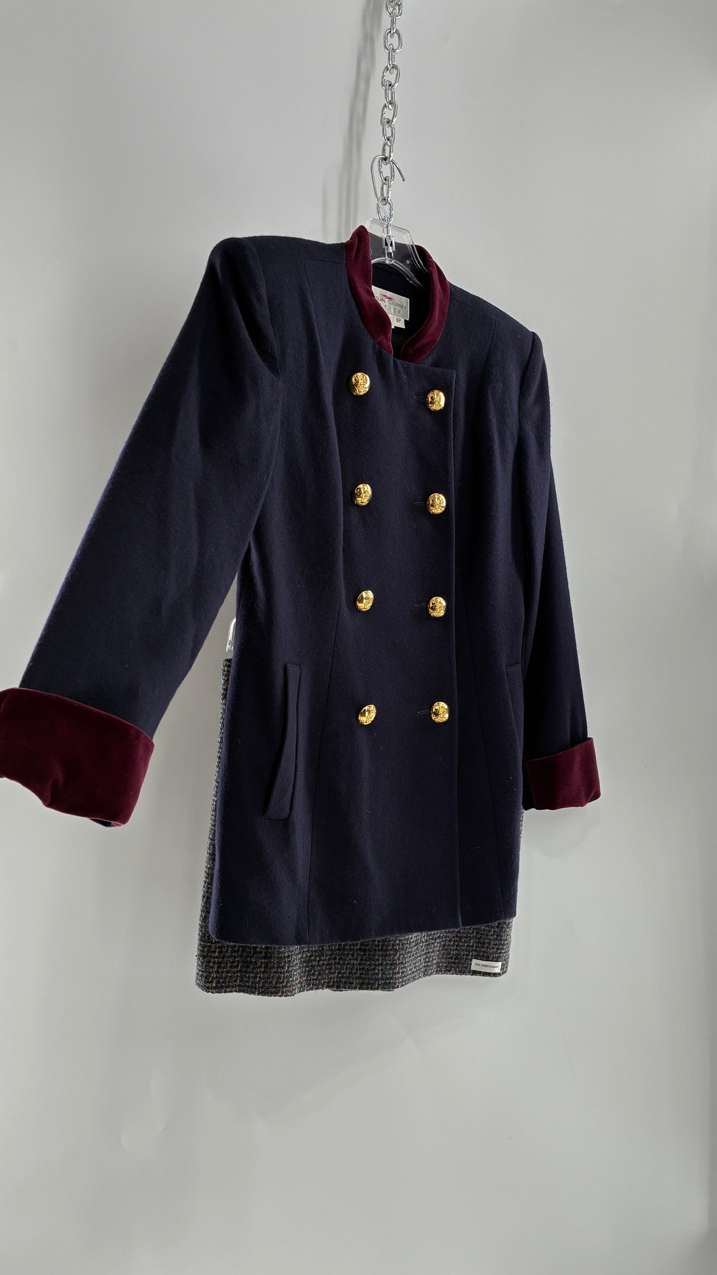 Vintage Suit Set with Bell Boy Style Double Breasted Wool, Velour Cuff Jacket and Upcycled Mini Skirt (6P)