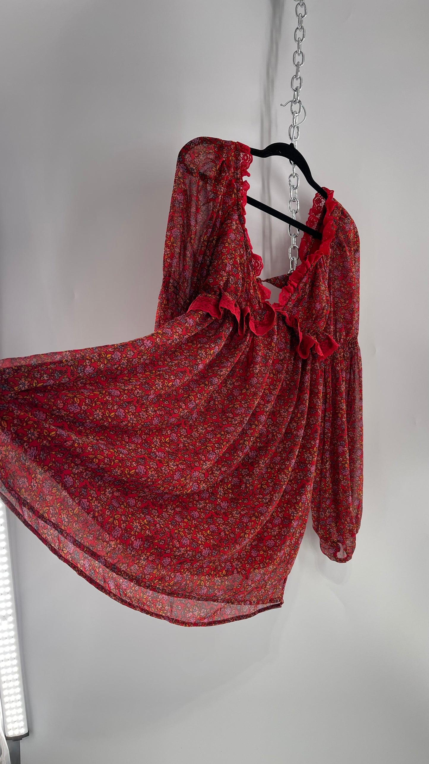 Free People Red Floral Mini Dress with Lace Trim, Open Back and Balloon Sleeves (Small)