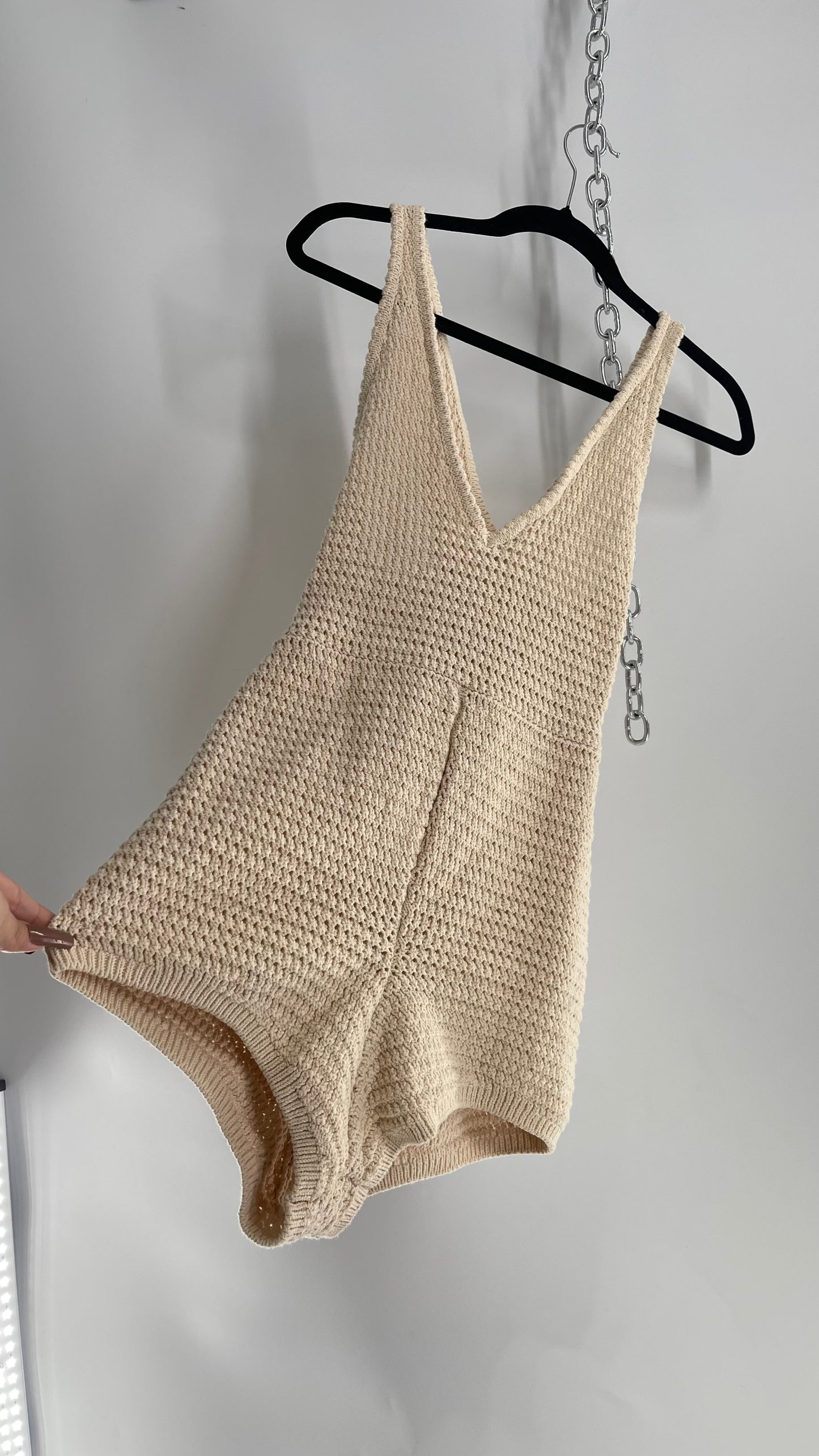 Free People Beige Crochet Thick Knit Beige Jumpsuit Romper (XS)