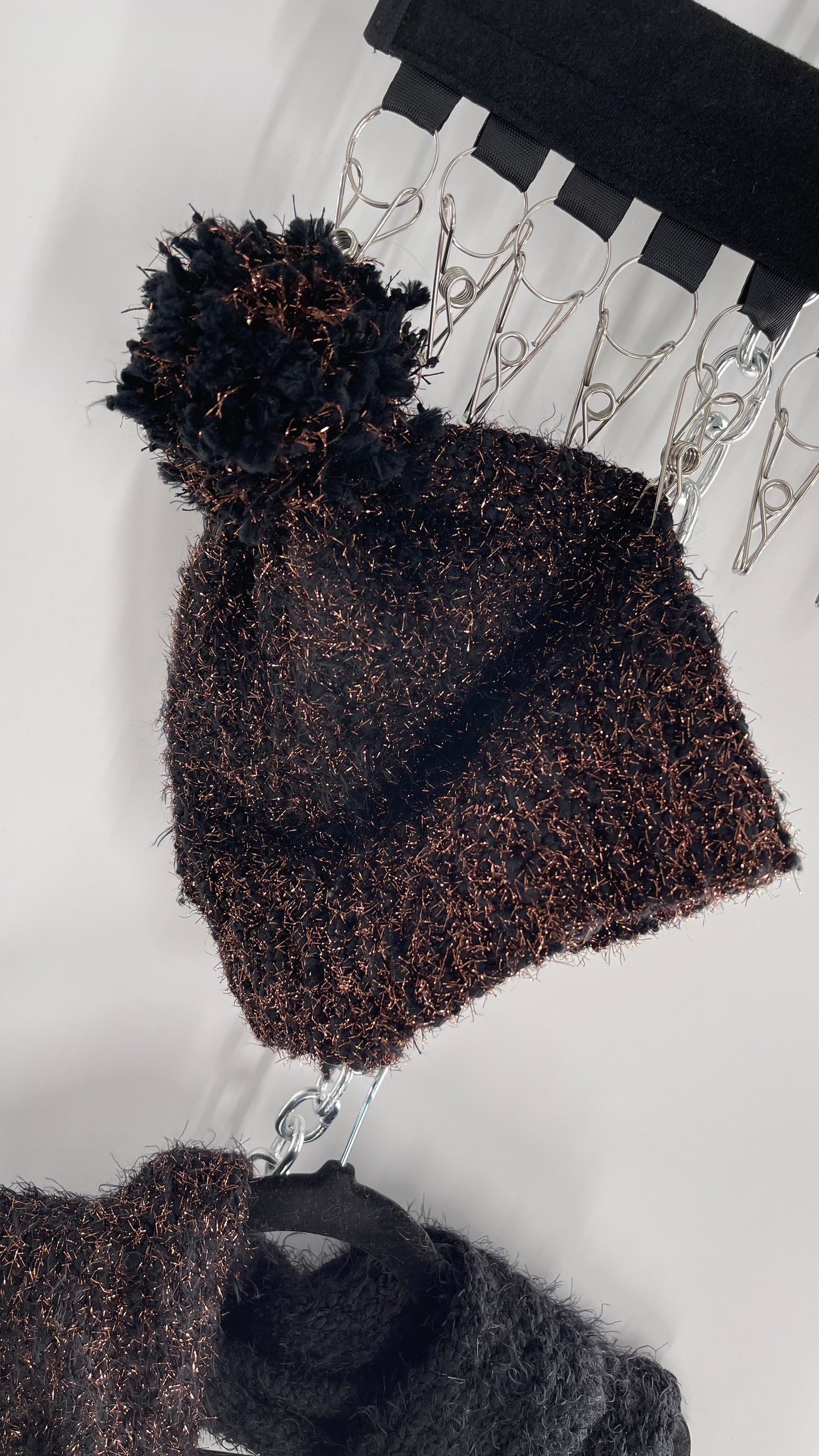 Anthropologie Bronze Tinsel Black Knit Beanie and Skinny Pom Scarf 2pc Set with Tags Attached