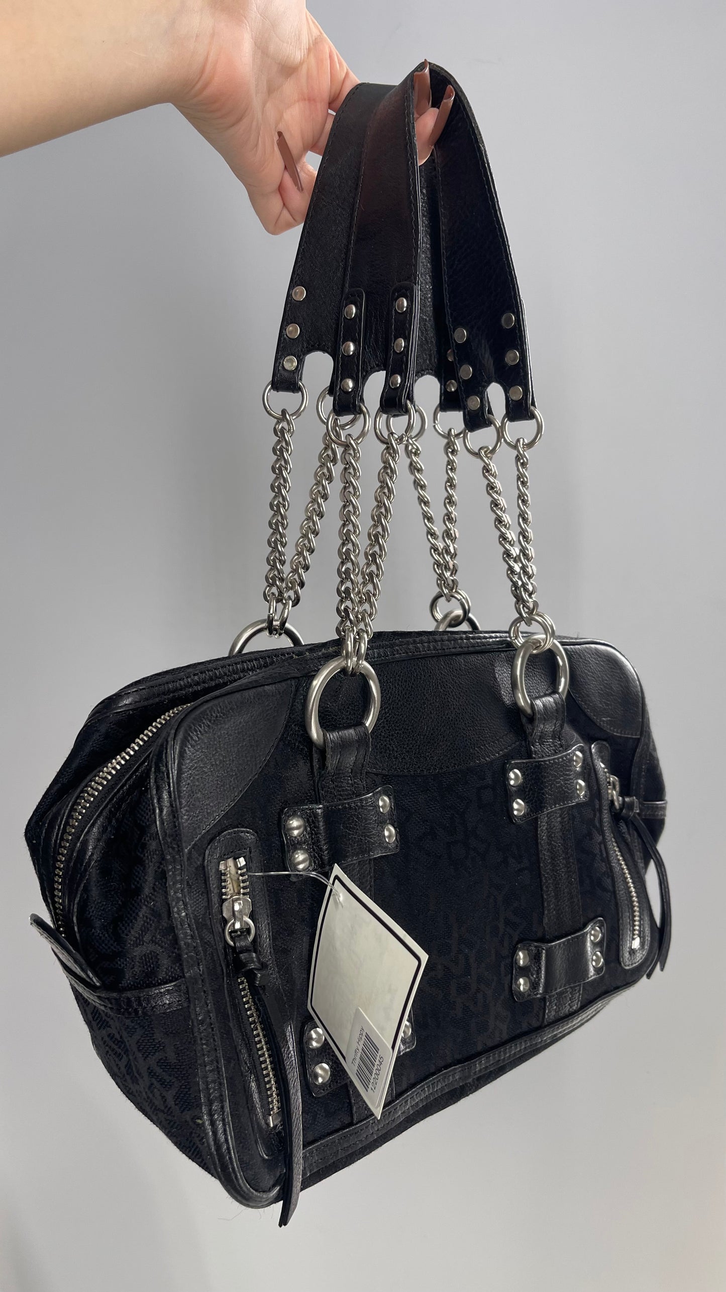 Vintage DKNY 1990s Black All Over Logo Bag with Leather and Chain Details